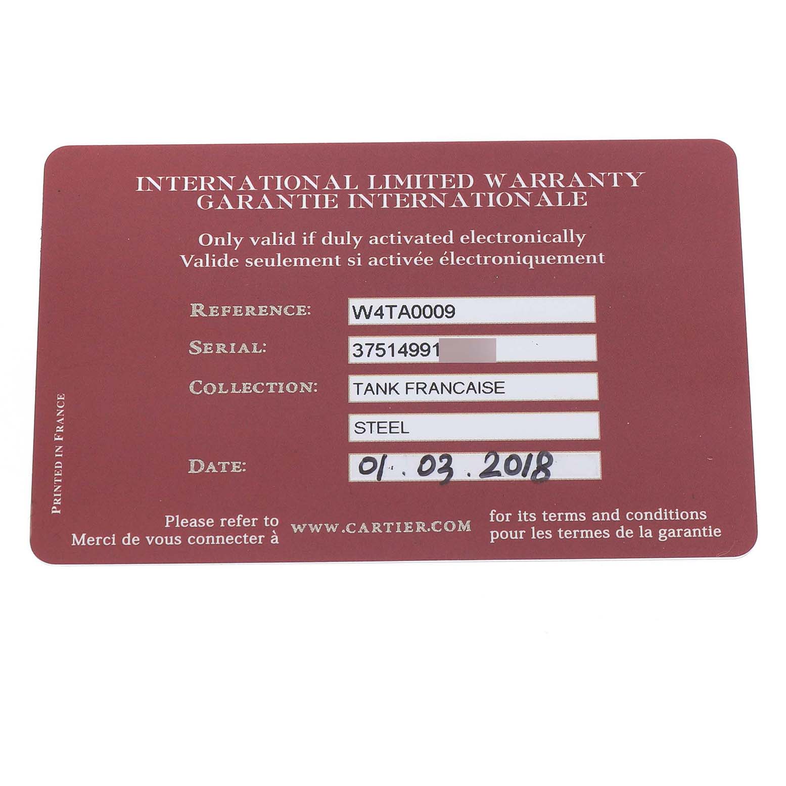 The image shows an international limited warranty card for a Cartier Tank Française watch.