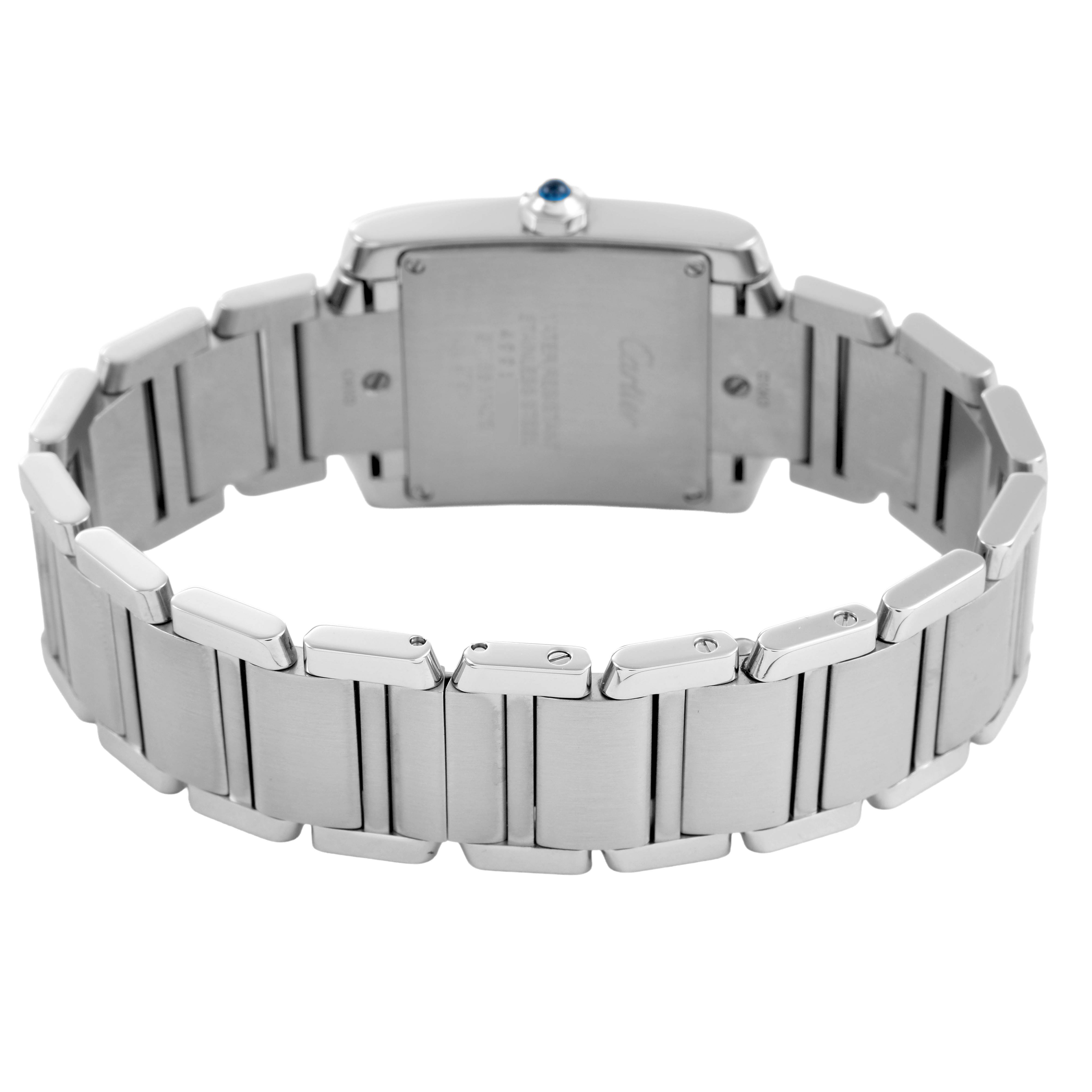 The image shows the back and bracelet of a Cartier Tank Francaise W4TA0009 Women's Stainless Steel Silver Dial watch, highlighting the clasp and stainless steel links.