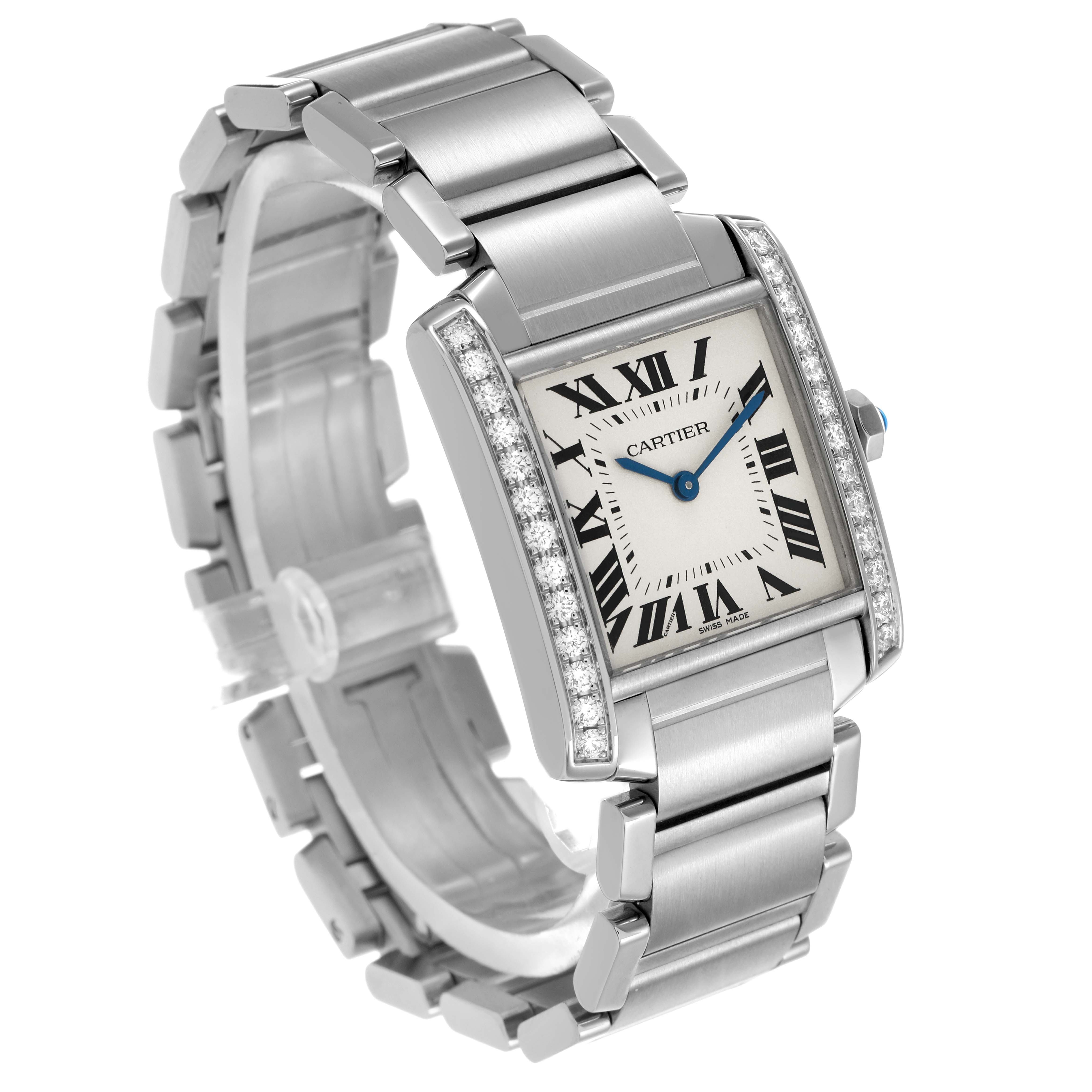The Cartier Tank Française watch is shown at a slight angle, highlighting the face, bracelet, and diamond-studded edges.
