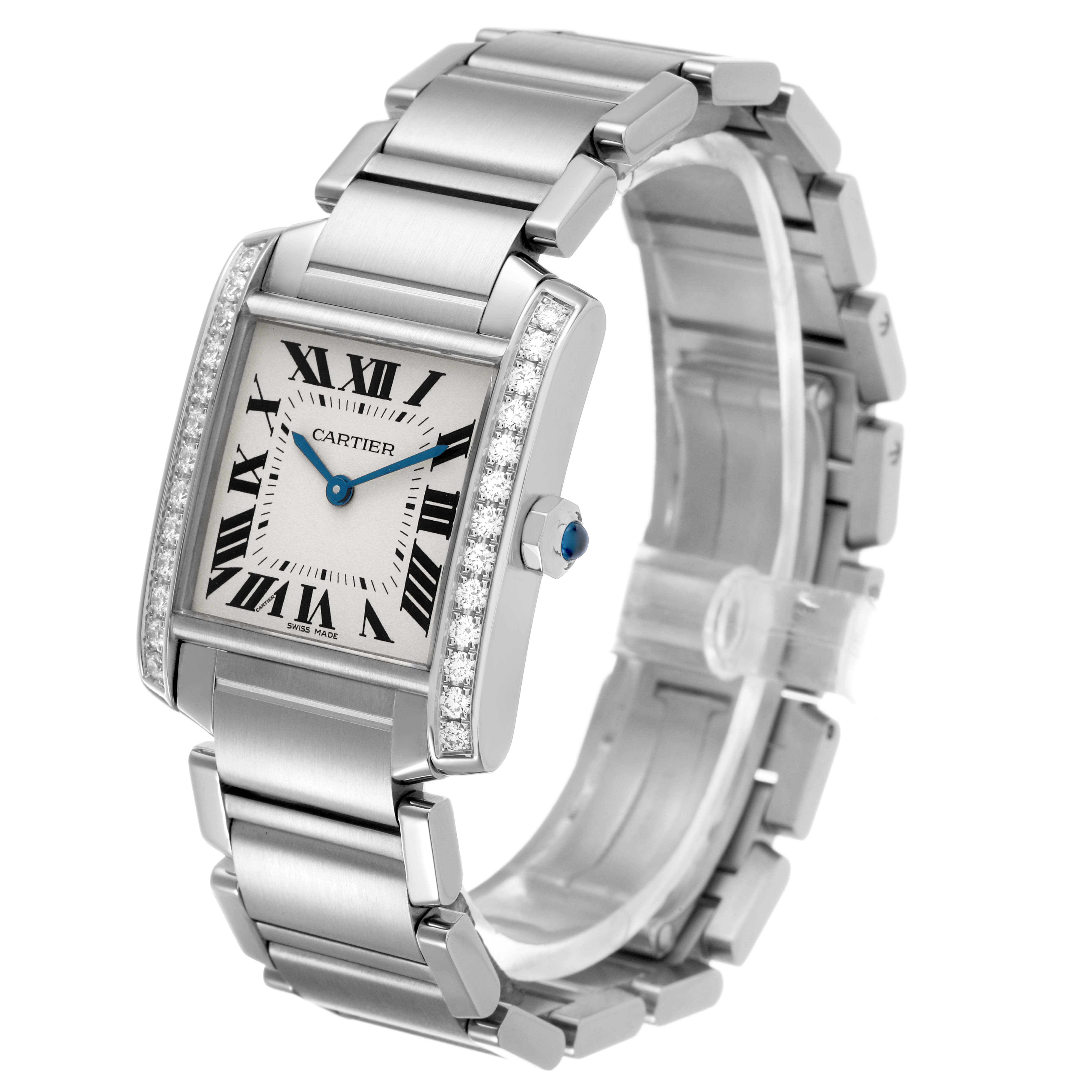 The Cartier Tank Francaise W4TA0009 Women's Stainless Steel Silver Dial watch is shown from a three-quarter angle, highlighting its dial, case, and metal bracelet with diamond accents.
