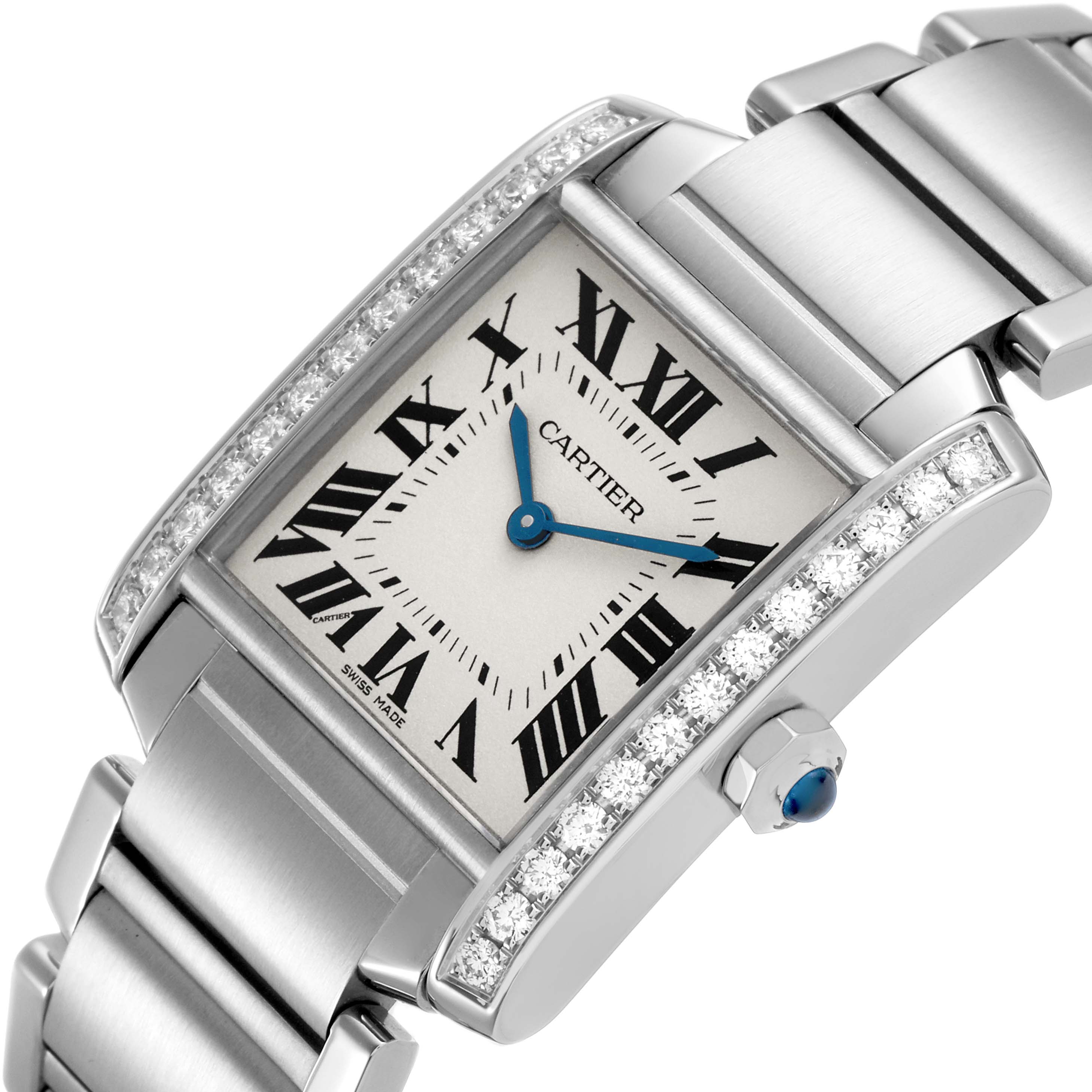 The Cartier Tank Française watch is shown at an angled close-up, highlighting the dial, diamond accents, and bracelet.