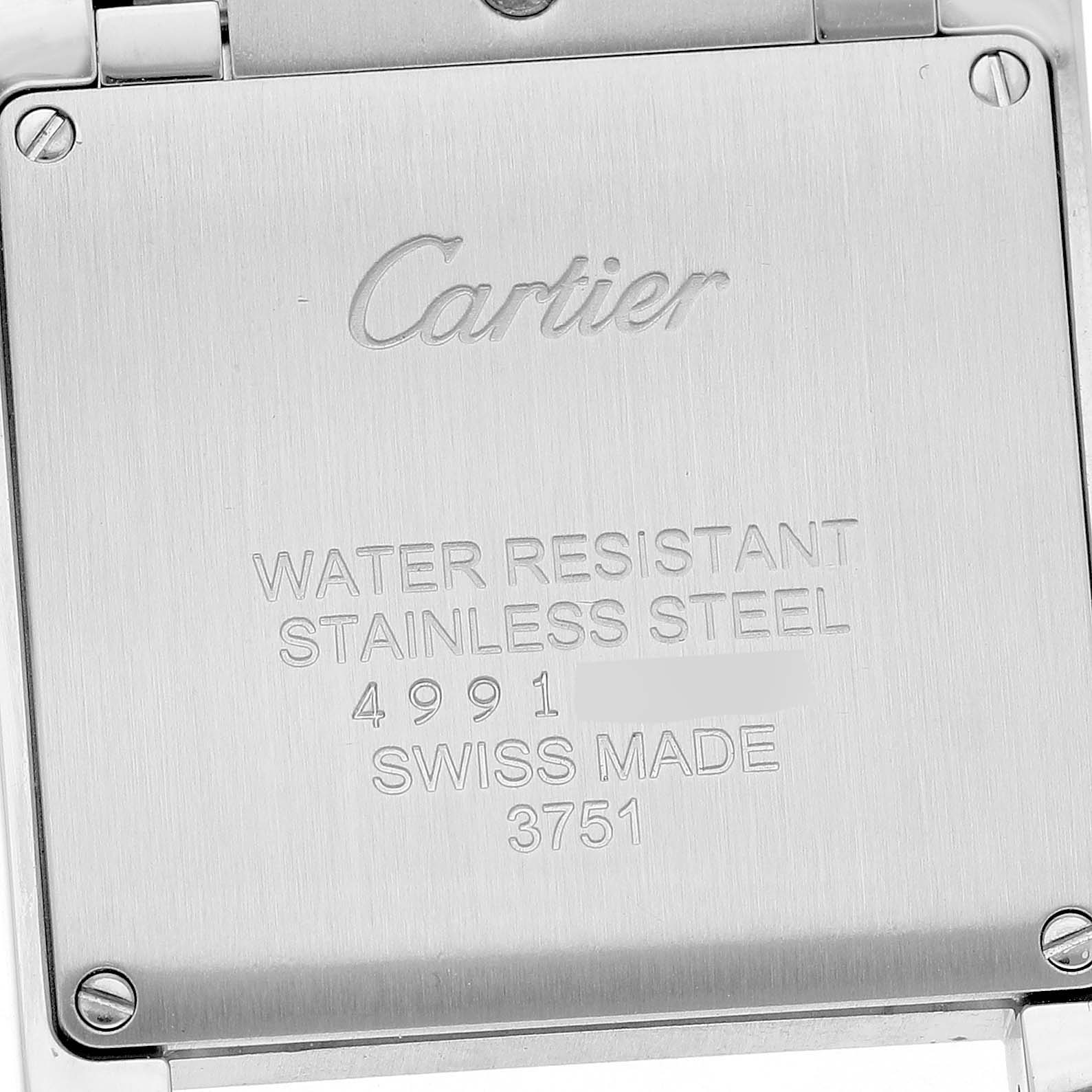 The image shows the back case of a Cartier Tank Française watch, highlighting its engravings and stainless steel material.