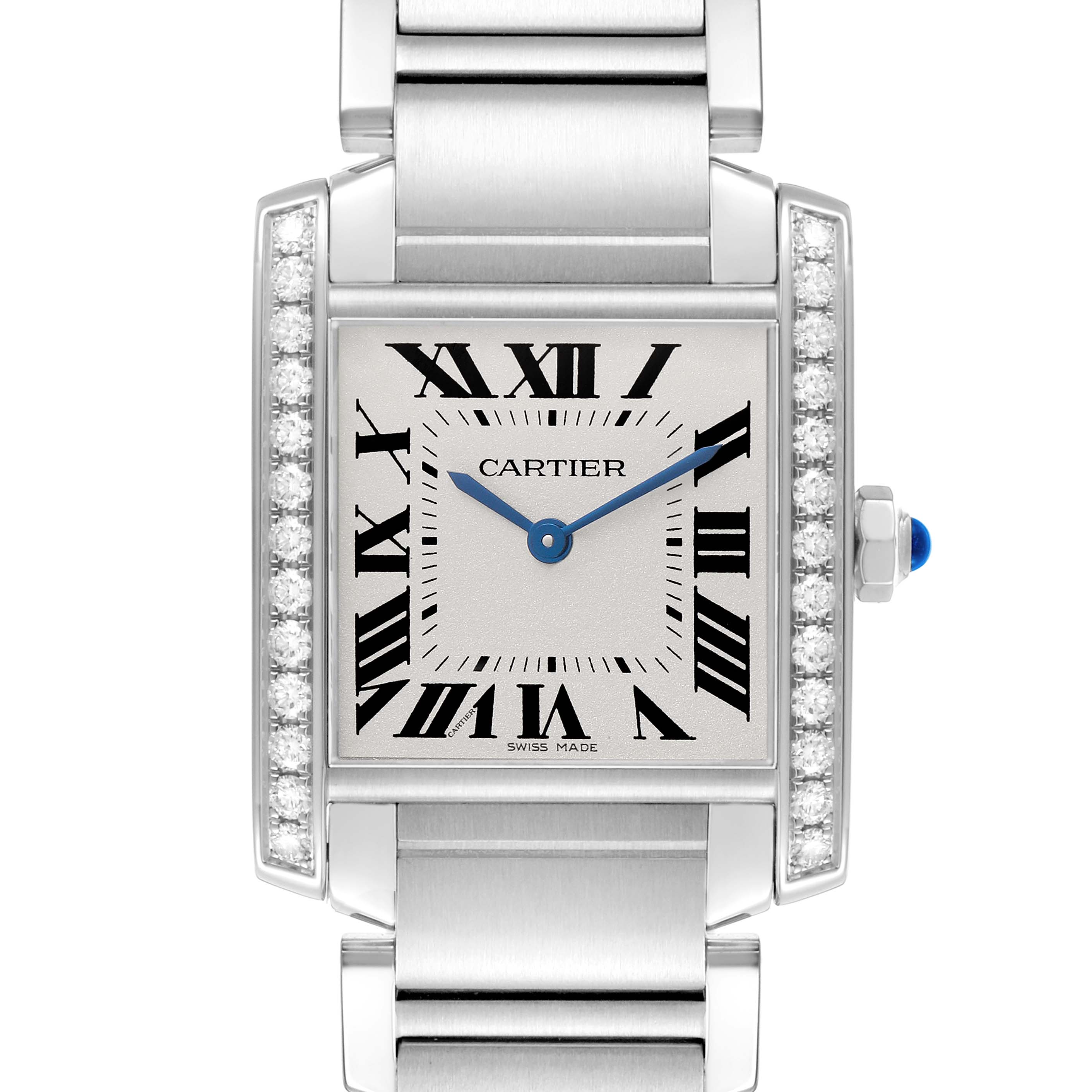 The Cartier Tank Francaise W4TA0009 Women's Stainless Steel Silver Dial watch is shown from a front angle, highlighting its Roman numeral dial and diamond accents.