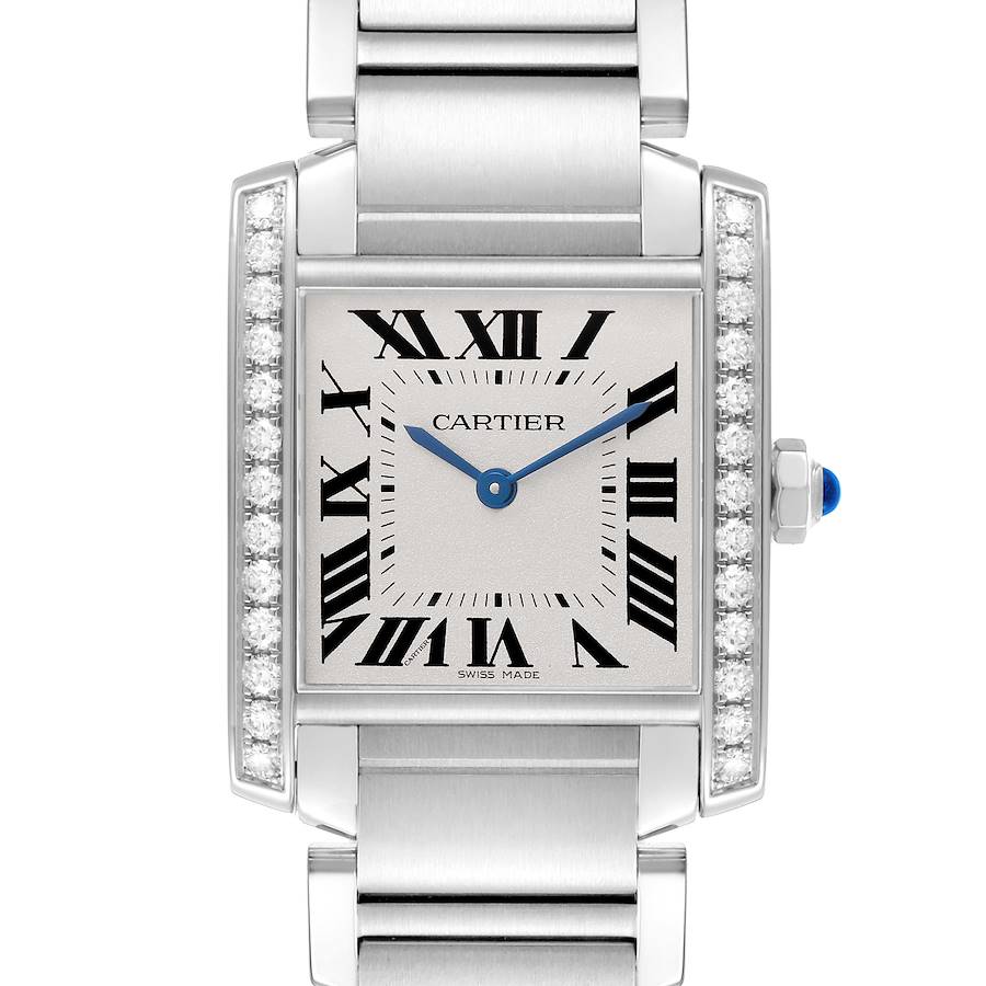 The Cartier Tank Francaise W4TA0009 Women's Stainless Steel Silver Dial watch is shown from a front angle, highlighting its Roman numeral dial and diamond accents.