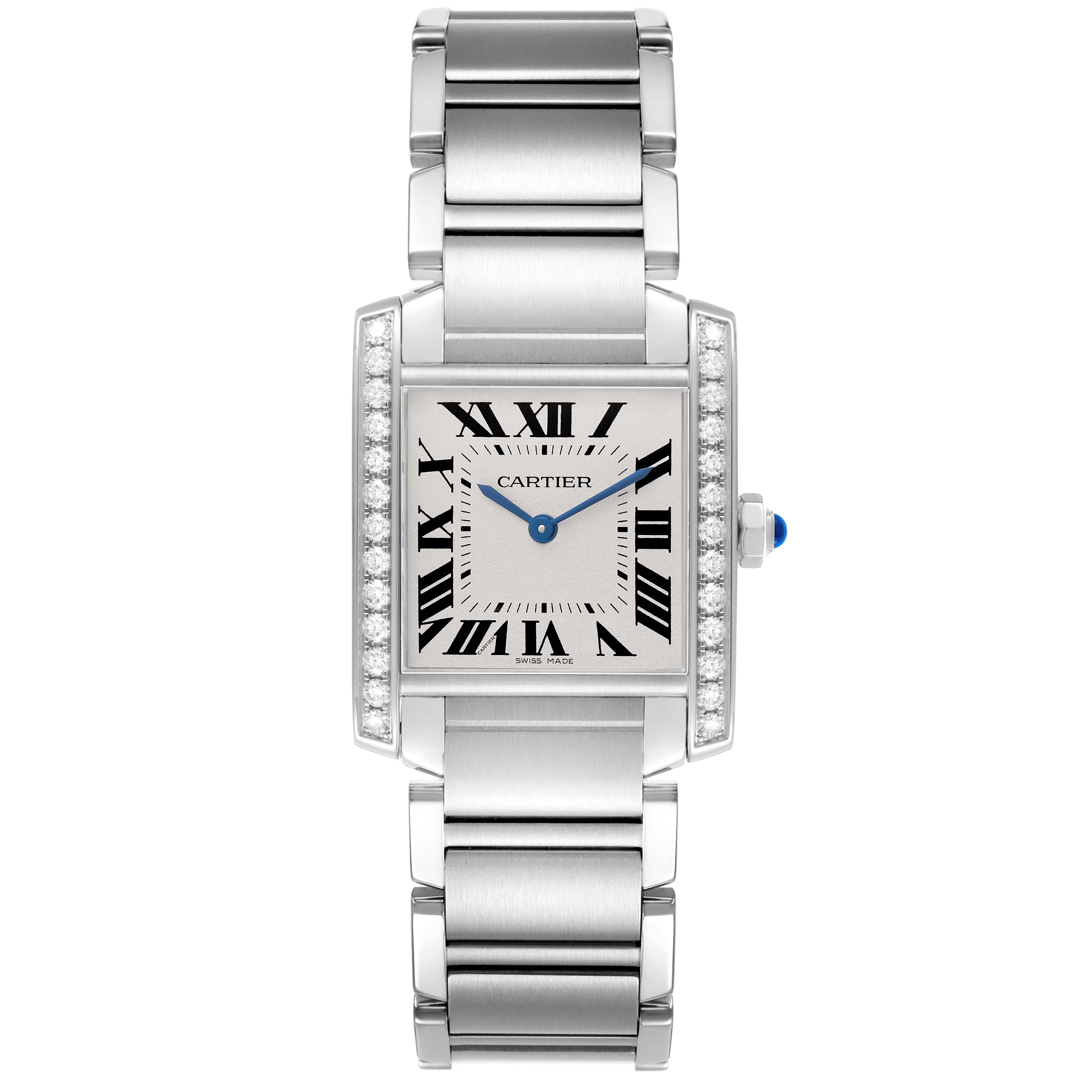 The Cartier Tank Francaise W4TA0009 Women's Stainless Steel Silver Dial watch is shown from a top view, featuring the face, bracelet, and side detailing.