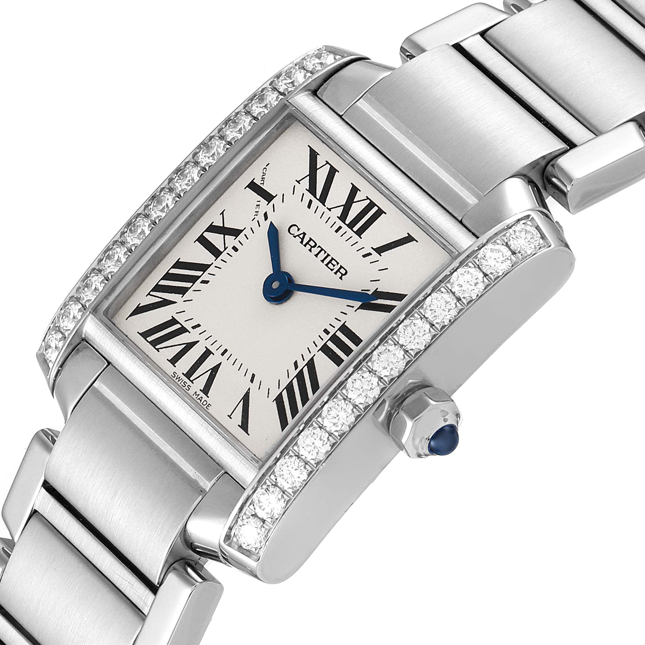 The image shows a close-up angle of the Cartier Tank Francaise W4TA0008 Women
s Stainless Steel Silver Dial W4TA0008 Women
s Stainless Steel Silver Dial watch, highlighting the face, diamond bezel, and part of the bracelet.