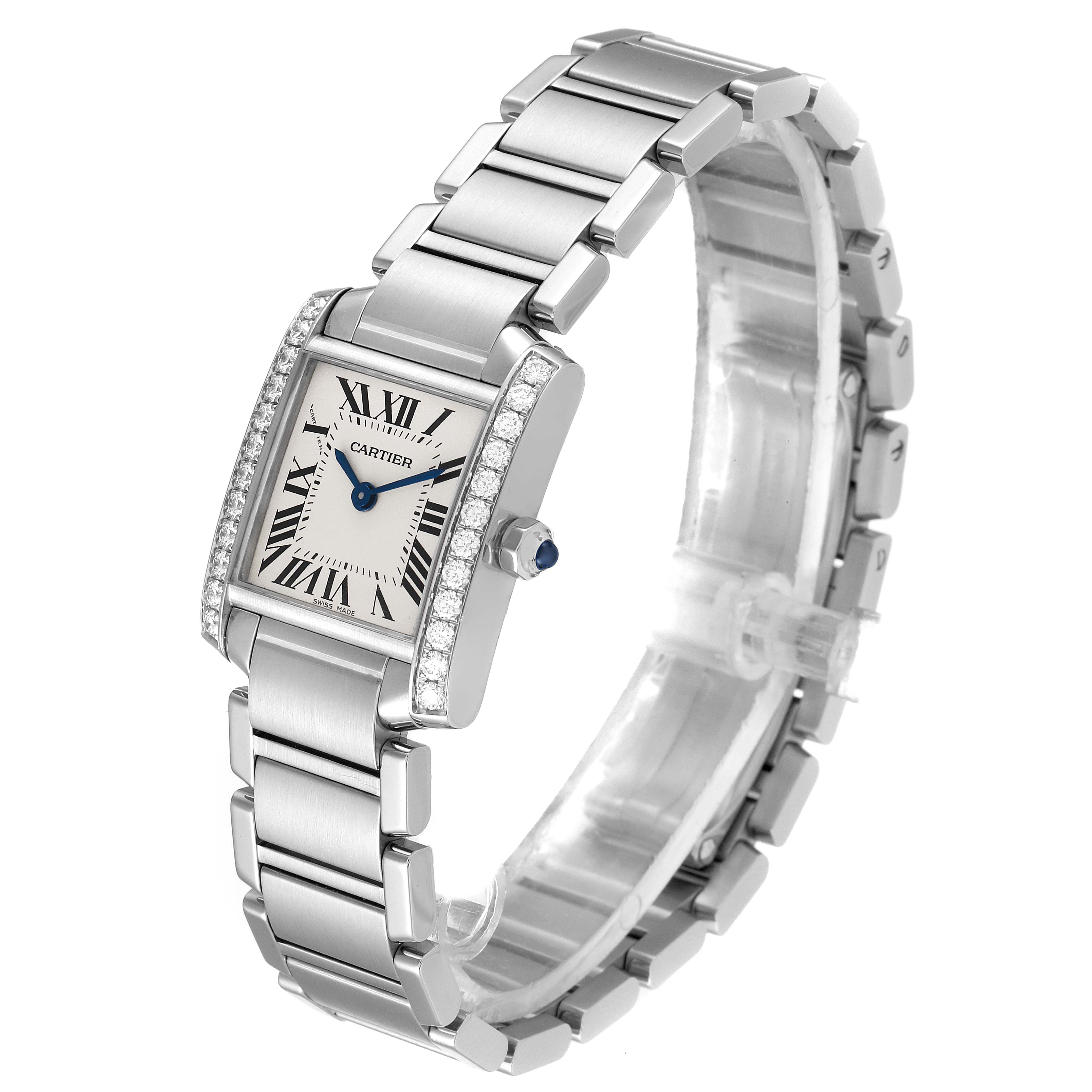 The image shows a Cartier Tank Francaise W4TA0008 Women
s Stainless Steel Silver Dial W4TA0008 Women
s Stainless Steel Silver Dial watch angled to display its face, bracelet, and side profile.