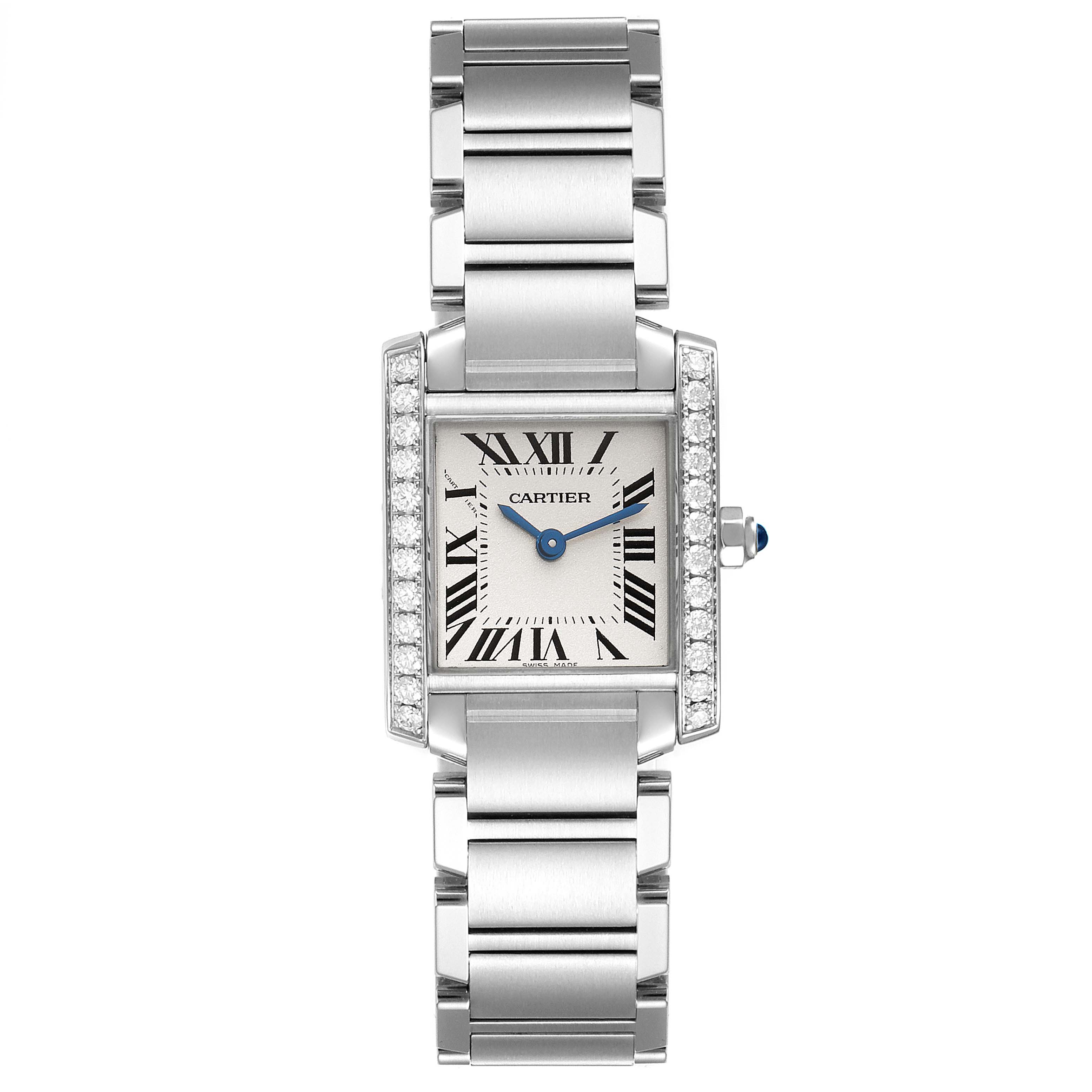 The image shows a front view of the Cartier Tank Francaise W4TA0008 Women
s Stainless Steel Silver Dial W4TA0008 Women
s Stainless Steel Silver Dial watch, displaying its bracelet, rectangular case, and distinct face.