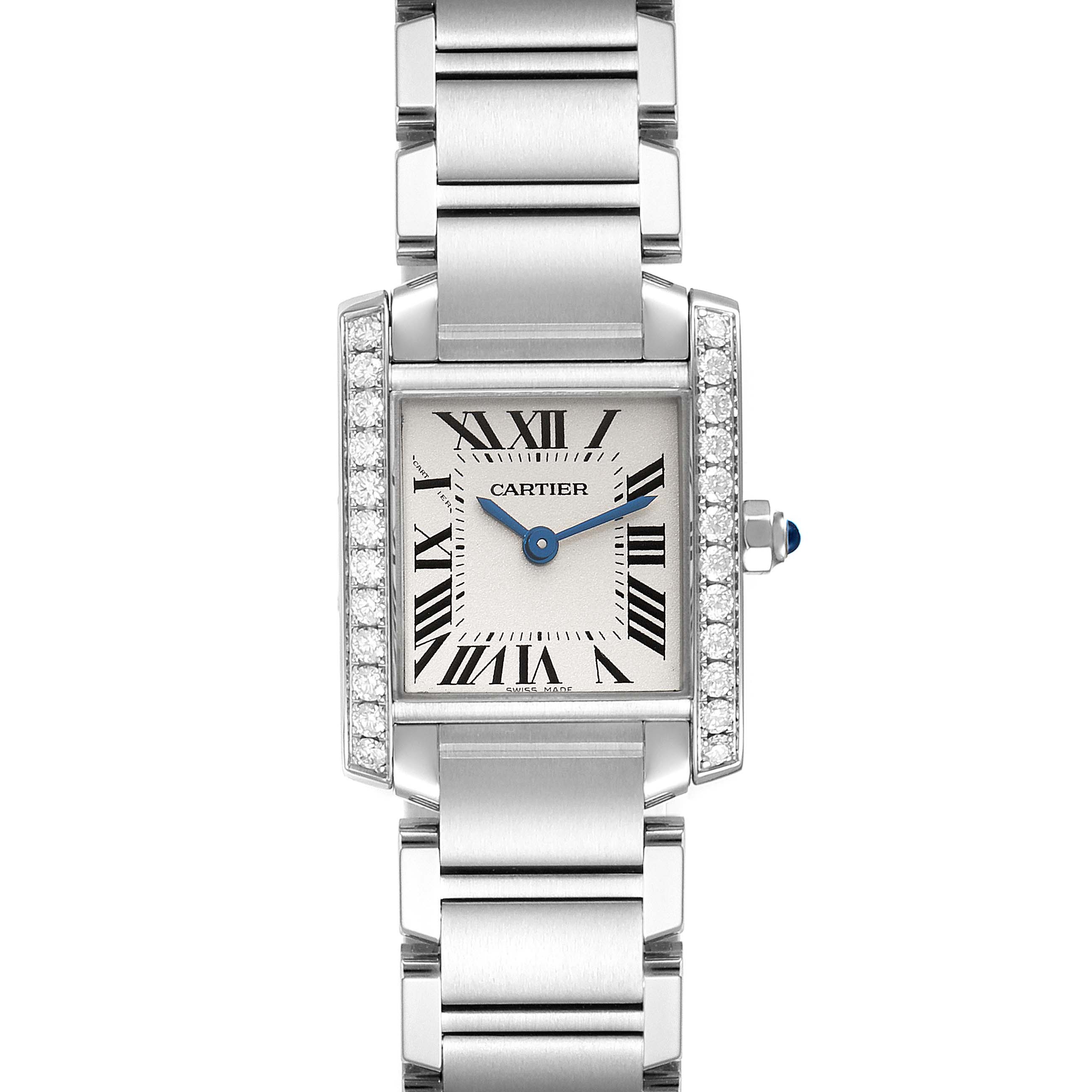 This image shows a front view of the Cartier Tank Francaise W4TA0008 Women
s Stainless Steel Silver Dial W4TA0008 Women
s Stainless Steel Silver Dial watch, highlighting its rectangular face, Roman numerals, and bracelet.