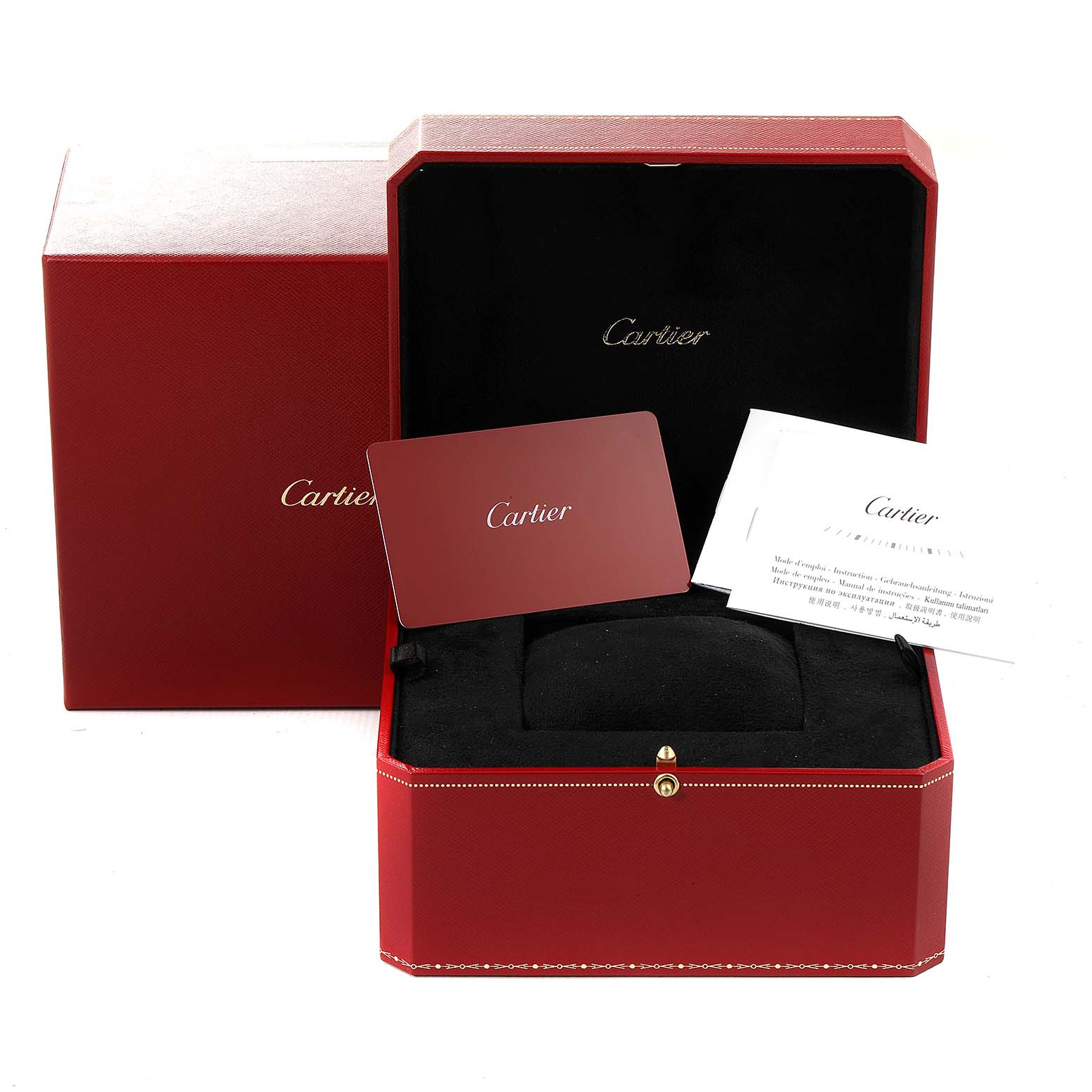 The image shows the Cartier Tank Francaise W4TA0008 Women
s Stainless Steel Silver Dial W4TA0008 Women
s Stainless Steel Silver Dial watch box, instruction manual, and warranty card.