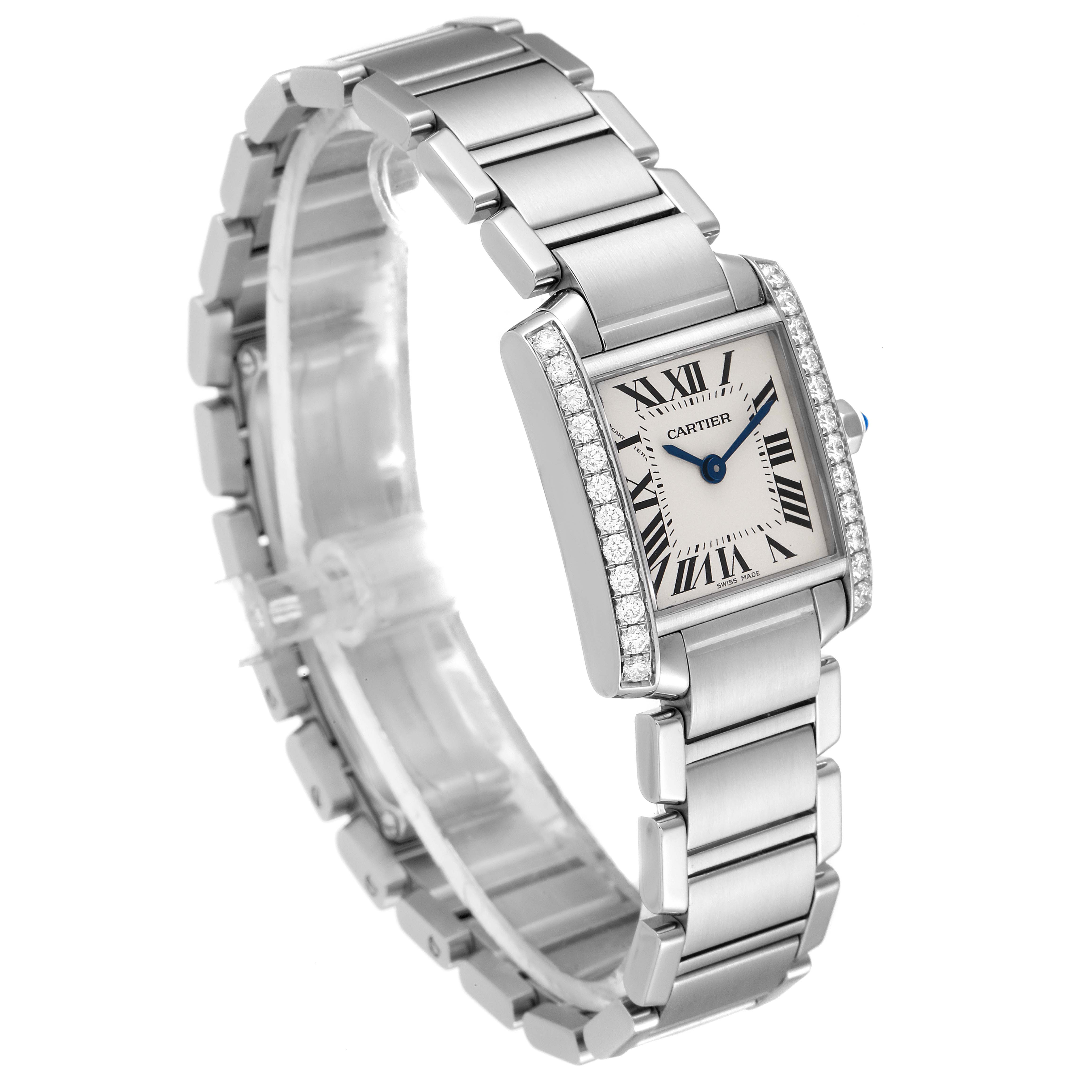 The image shows a Cartier Tank Française model watch at an angle highlighting the face, bezel, and bracelet.