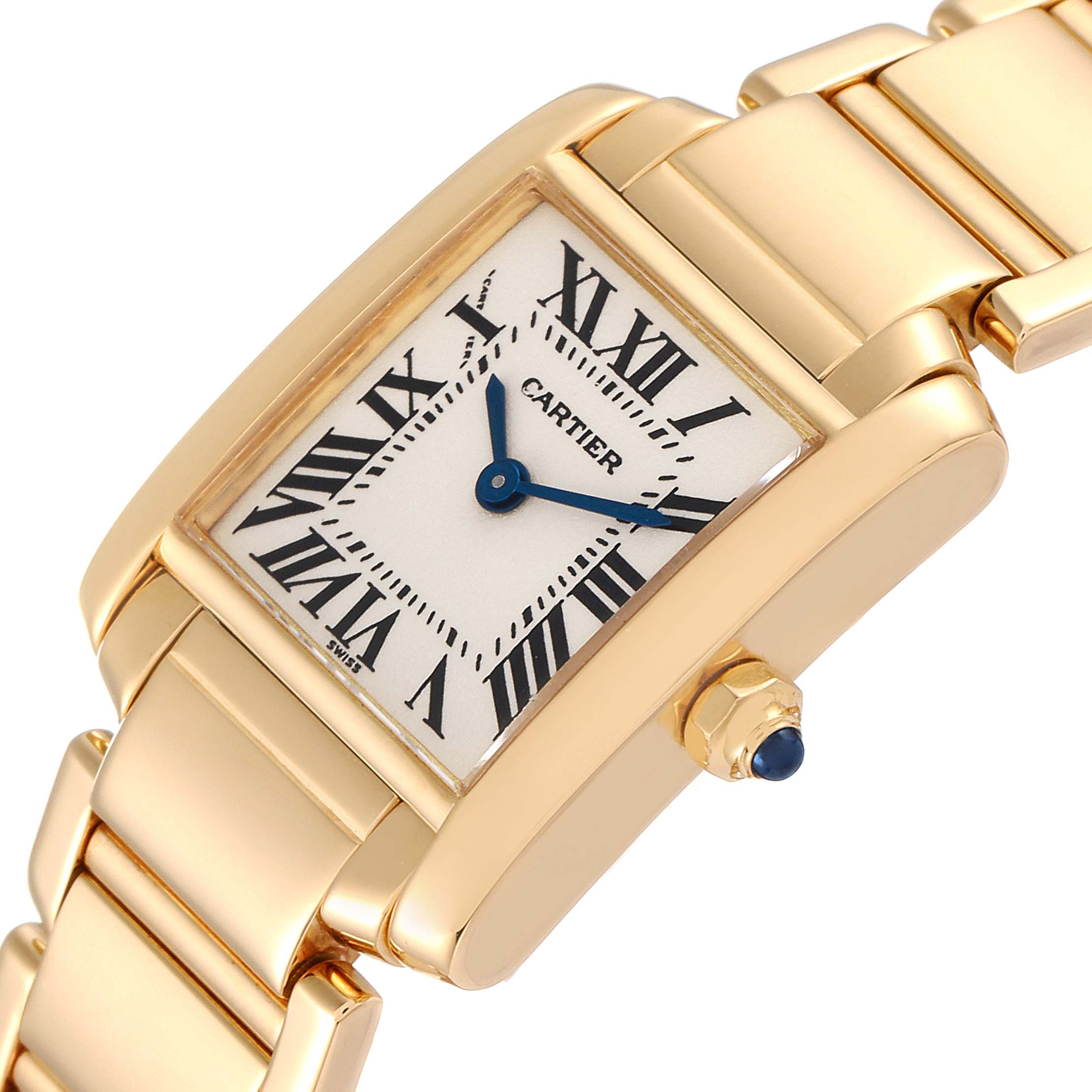 The image shows a close-up, angled view of the face, case, crown, and part of the bracelet of a Cartier Tank Francaise W50002N2 Women's Yellow Gold Silver Dial W50002N2 Women's Yellow Gold Silver Dial watch.