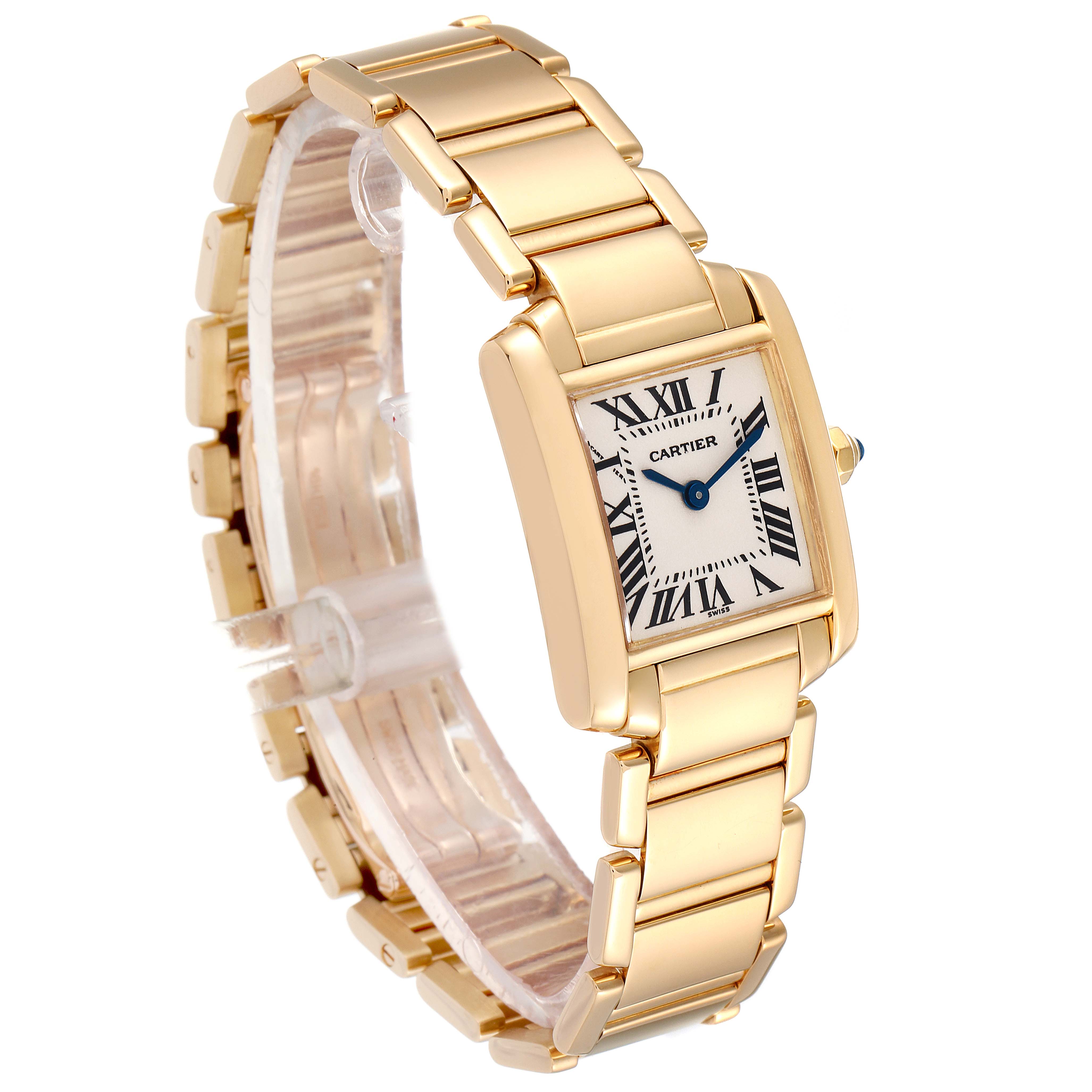The image shows a Cartier Tank Francaise W50002N2 Women's Yellow Gold Silver Dial W50002N2 Women's Yellow Gold Silver Dial watch at a slight angle, highlighting its gold bracelet and rectangular dial with Roman numerals.