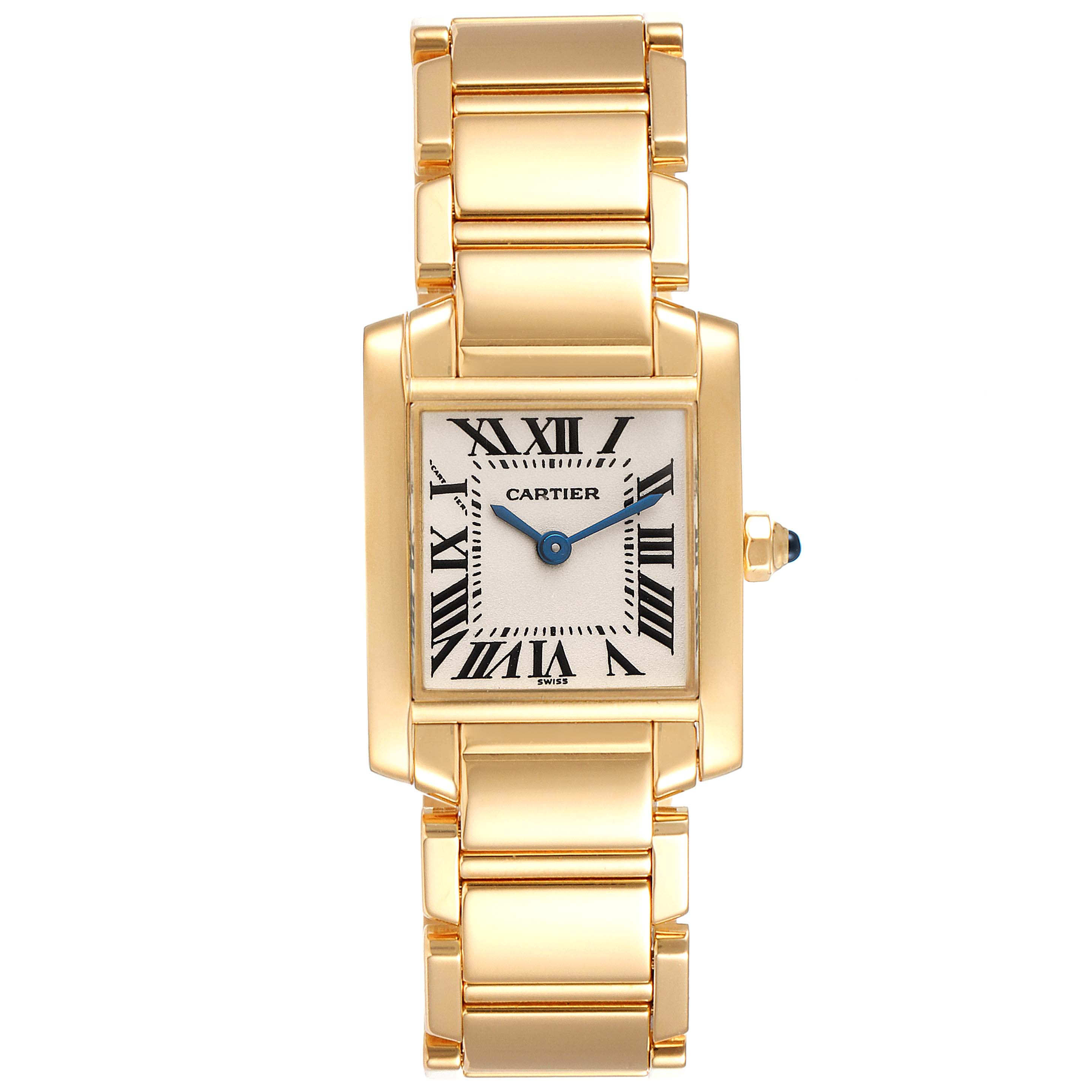 The image shows a frontal view of a Cartier Tank Francaise W50002N2 Women's Yellow Gold Silver Dial W50002N2 Women's Yellow Gold Silver Dial watch, displaying the face, bracelet, and crown.