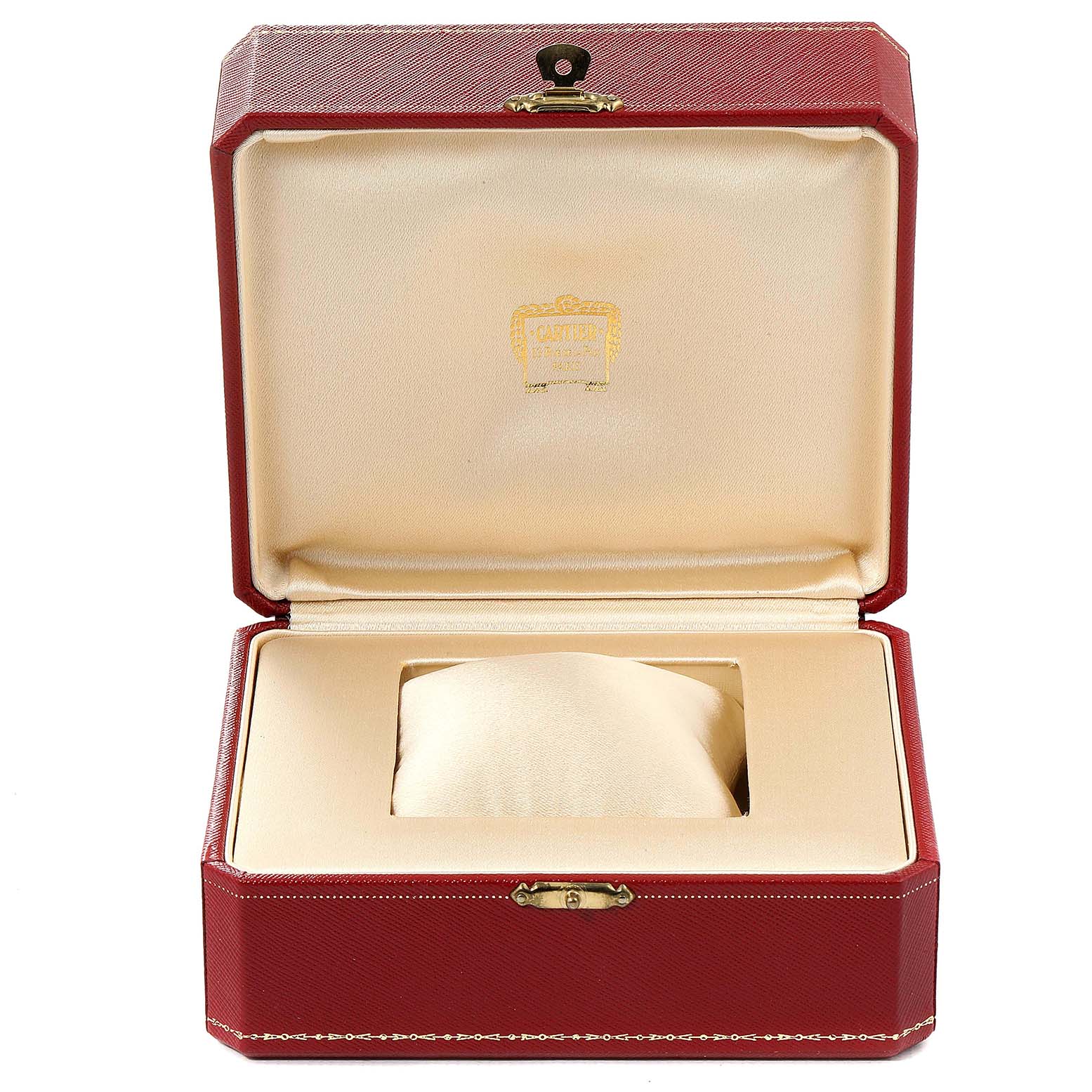 The image shows an open Cartier watch box for the Tank Francaise model, featuring a red exterior and a beige interior.