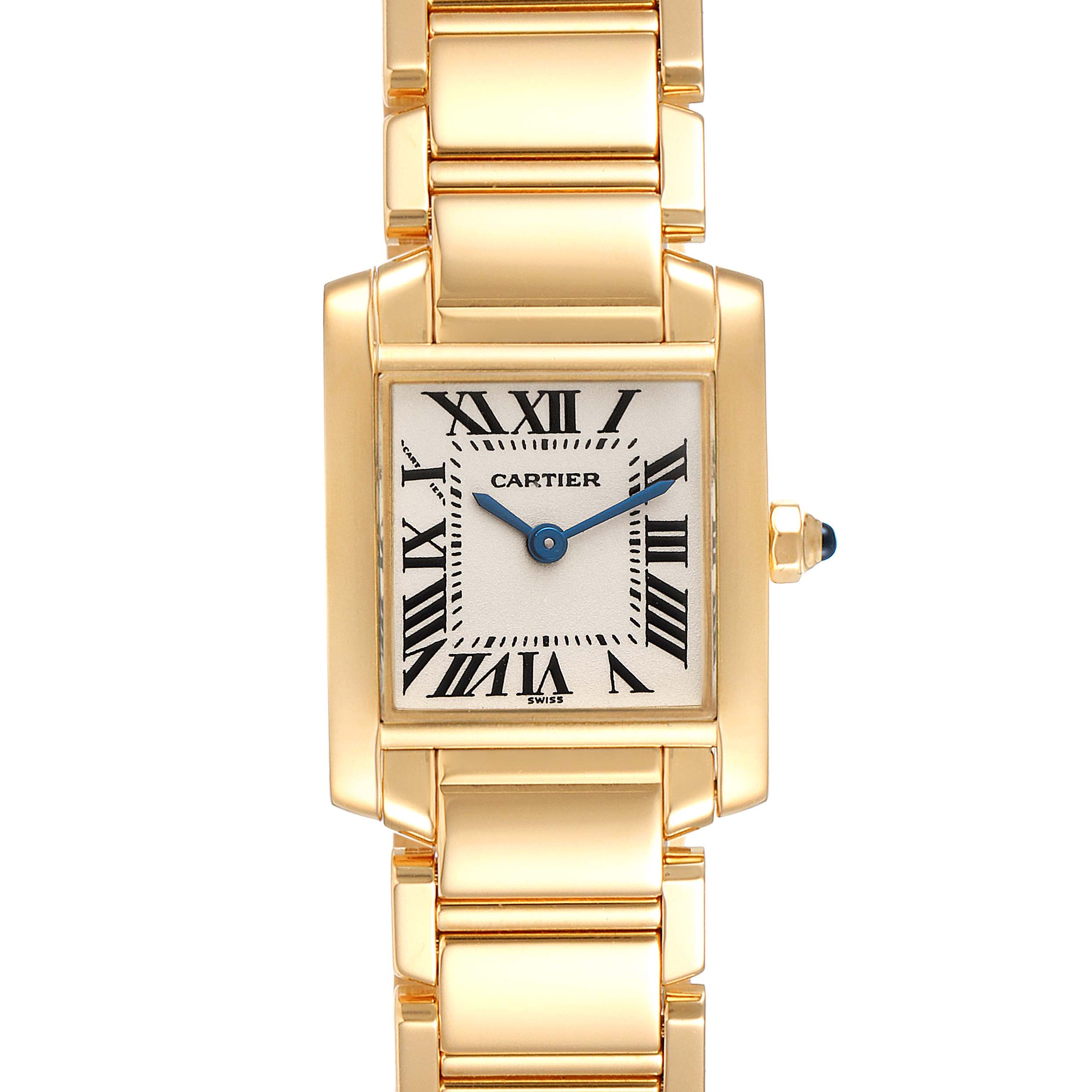 The image shows a Cartier Tank Francaise W50002N2 Women's Yellow Gold Silver Dial W50002N2 Women's Yellow Gold Silver Dial watch with a rectangular face and gold bracelet, viewed from the front.
