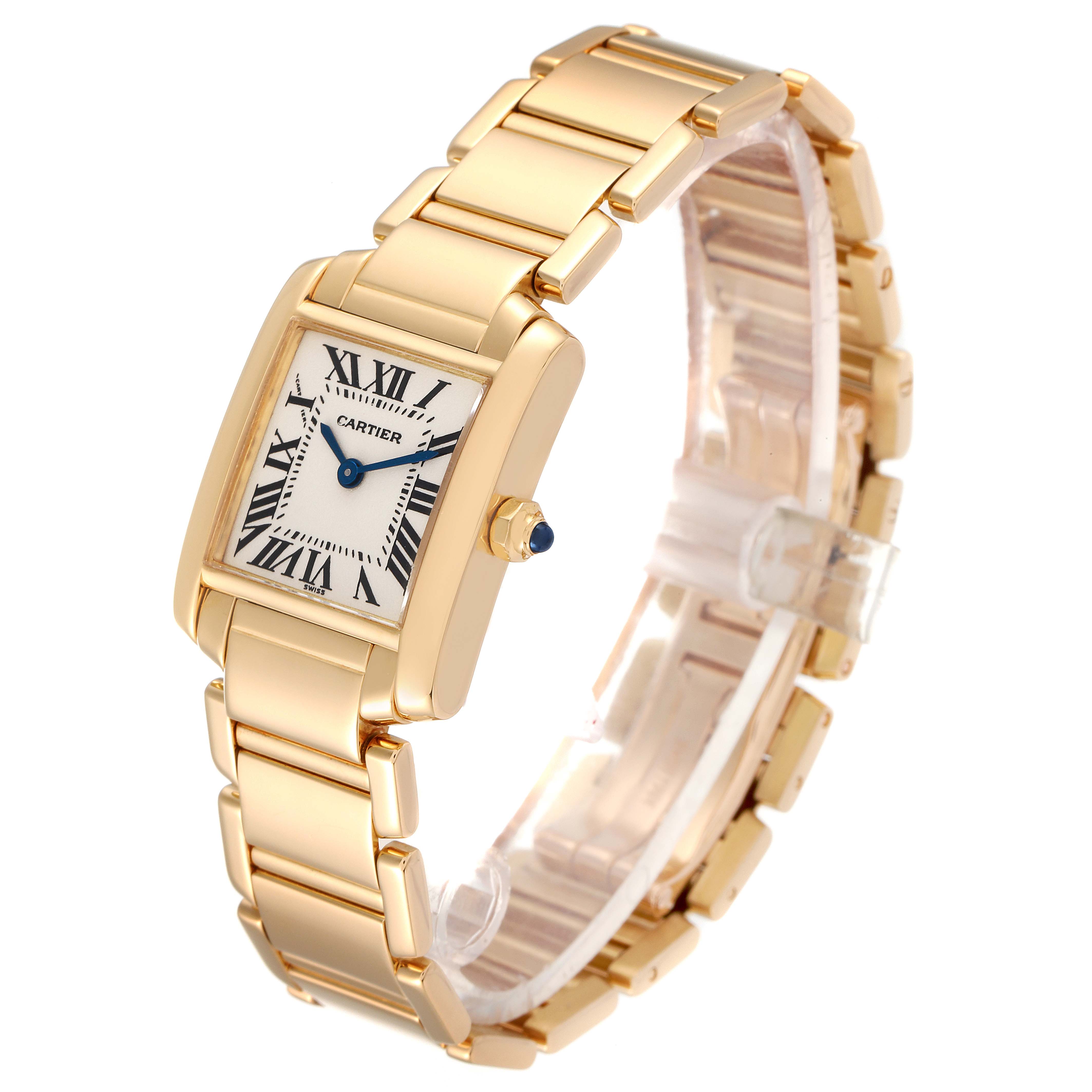 The Cartier Tank Francaise W50002N2 Women's Yellow Gold Silver Dial W50002N2 Women's Yellow Gold Silver Dial watch is shown at an angled top view highlighting the face, bezel, and bracelet.