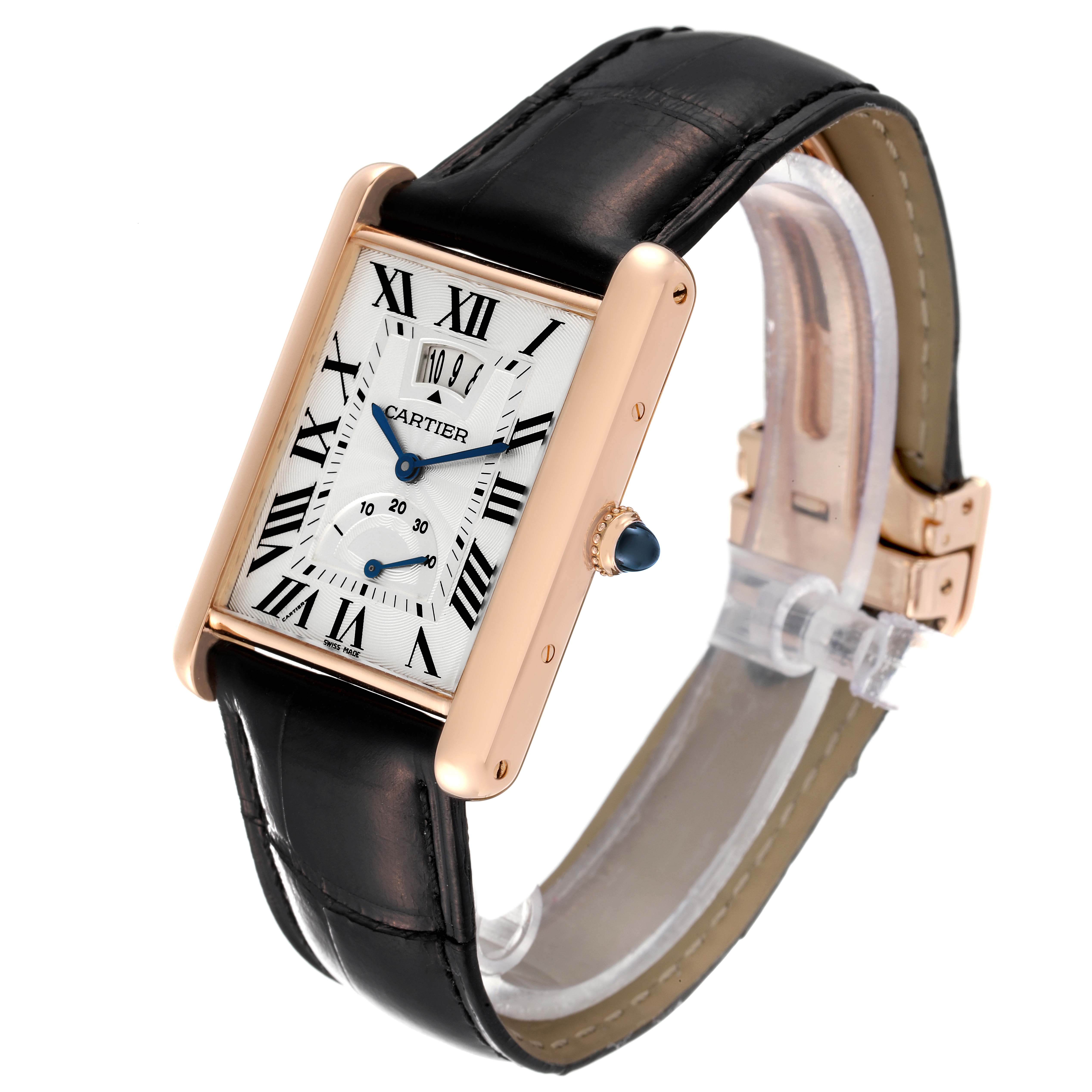 The image shows a Cartier Tank Louis W1560003 Men's Rose Gold Silver Dial W1560003 Men's Rose Gold Silver Dial watch from a three-quarter angle, highlighting the watch face, crown, and leather strap.