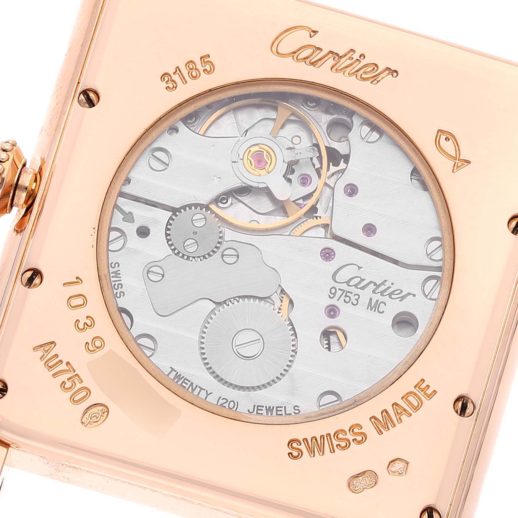 The image shows the back view of the Cartier Tank Louis W1560003 Men's Rose Gold Silver Dial W1560003 Men's Rose Gold Silver Dial model, highlighting its movement and inner components.