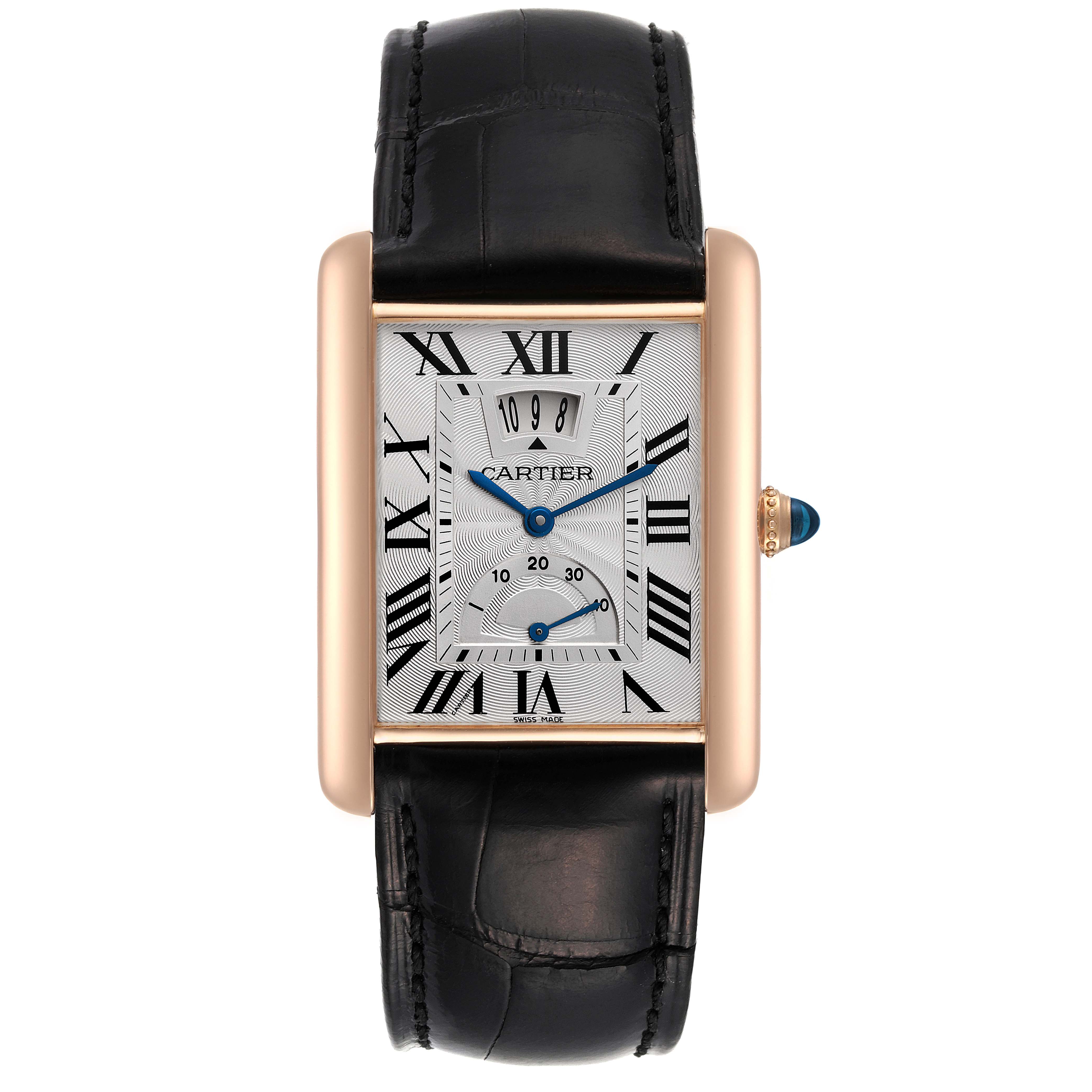 This image shows a Cartier Tank Louis W1560003 Men's Rose Gold Silver Dial W1560003 Men's Rose Gold Silver Dial model watch with a rectangular face and black leather strap, viewed from the front.