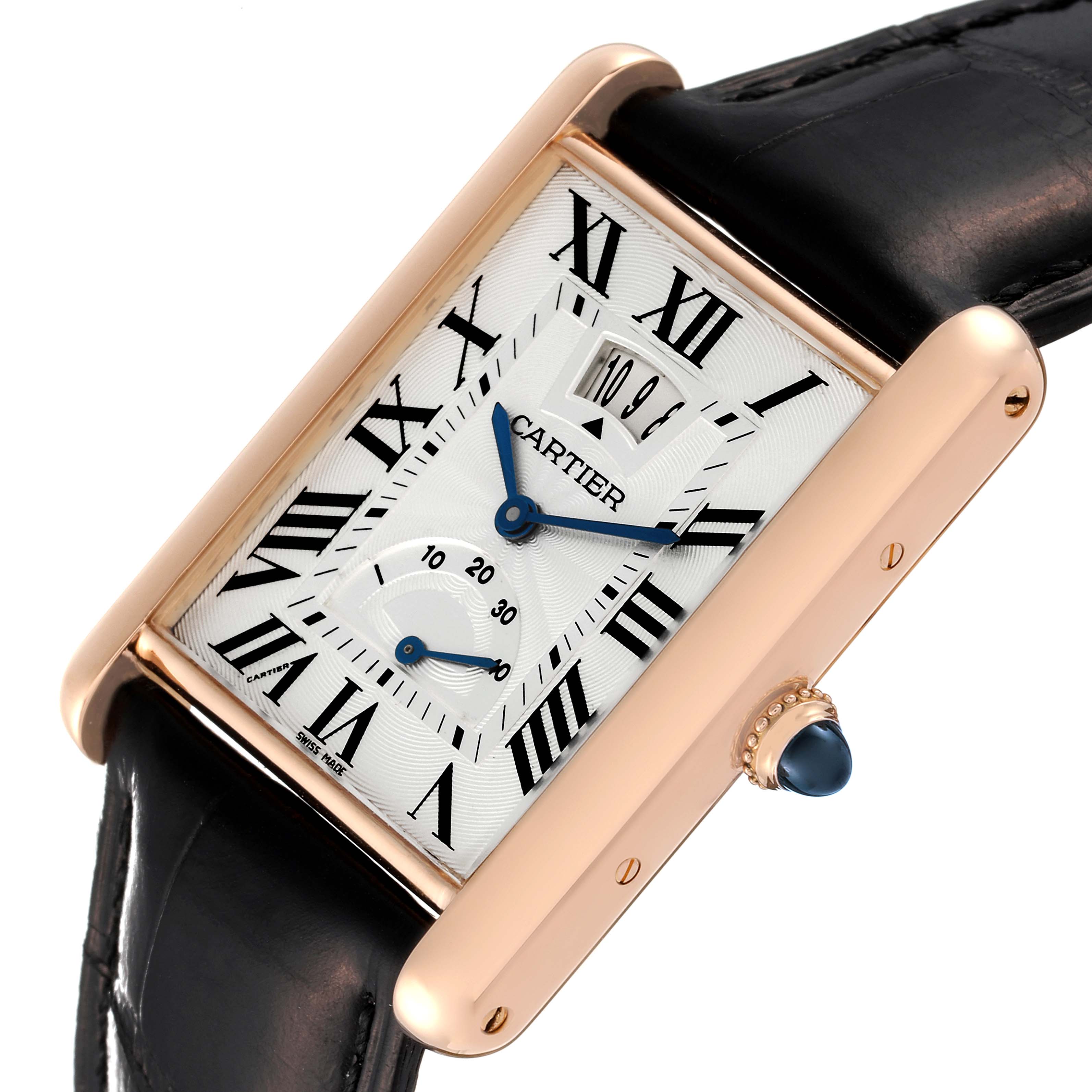 The Cartier Tank Louis W1560003 Men's Rose Gold Silver Dial W1560003 Men's Rose Gold Silver Dial watch is shown at an angled view, highlighting the face, crown, and black leather strap.