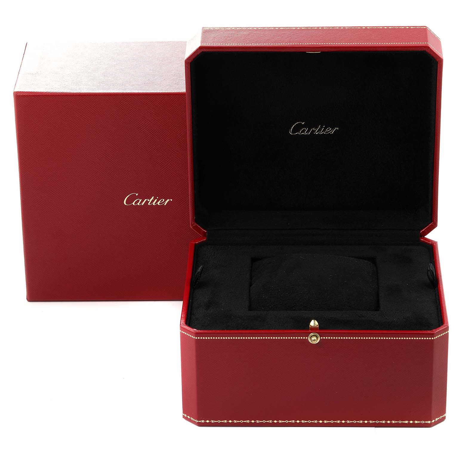 The image shows an opened Cartier watch box with the Tank Louis model represented, alongside its closed outer box.