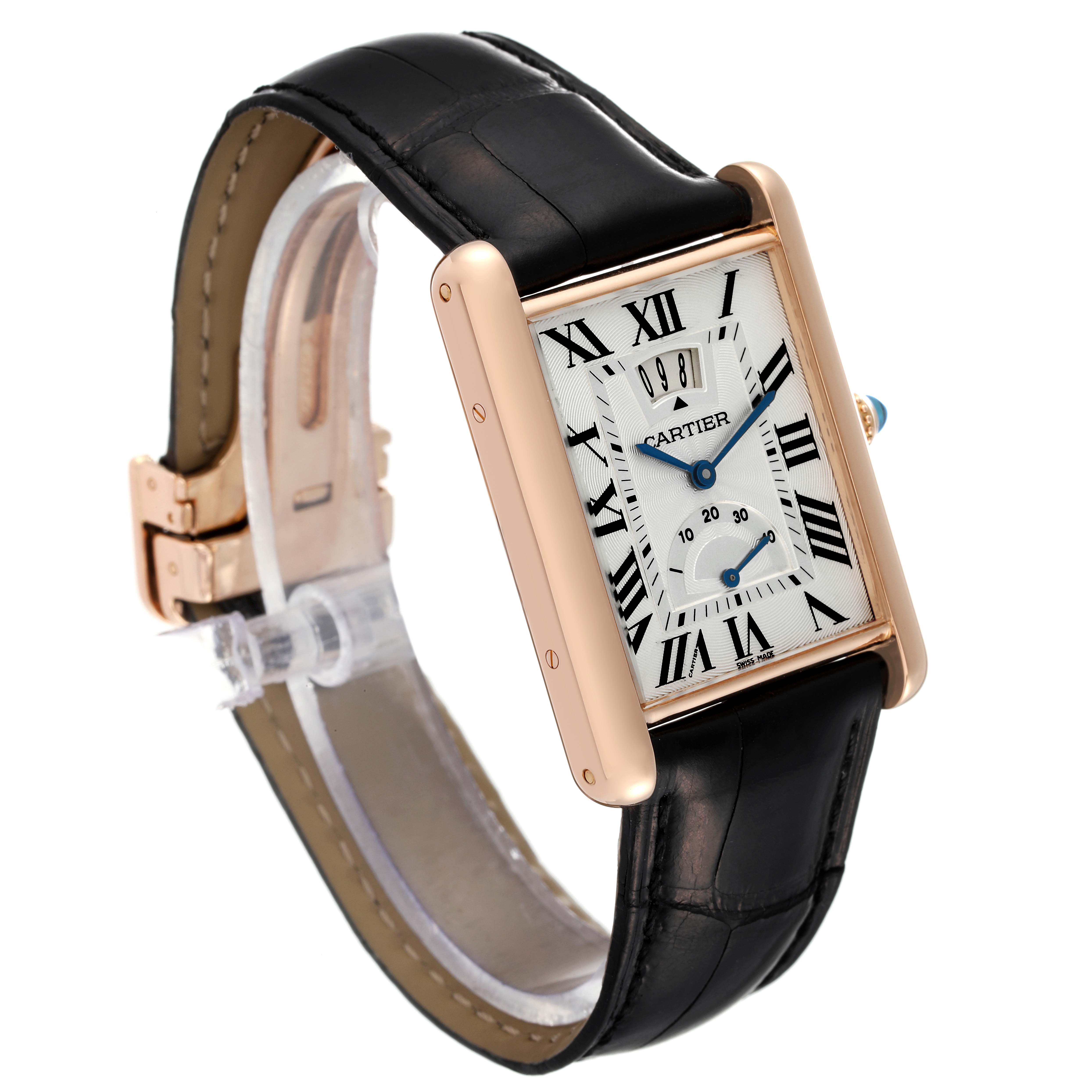 The Tank Louis model by Cartier is shown at a slight angle displaying its rectangular face, Roman numerals, leather strap, and crown.