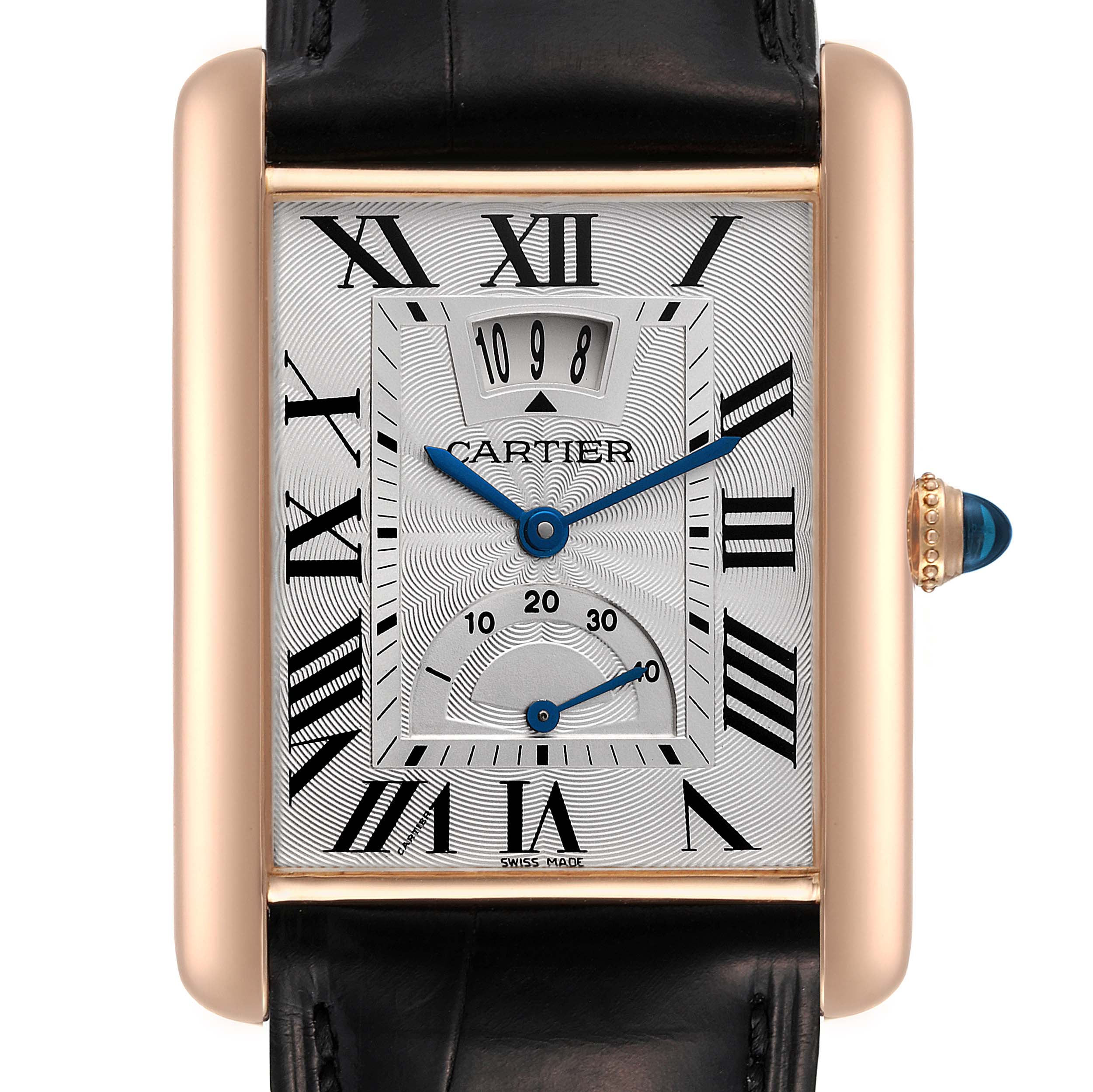 The image shows a frontal view of a Cartier Tank Louis W1560003 Men's Rose Gold Silver Dial W1560003 Men's Rose Gold Silver Dial watch, highlighting its rectangular face, Roman numeral markers, and leather strap.