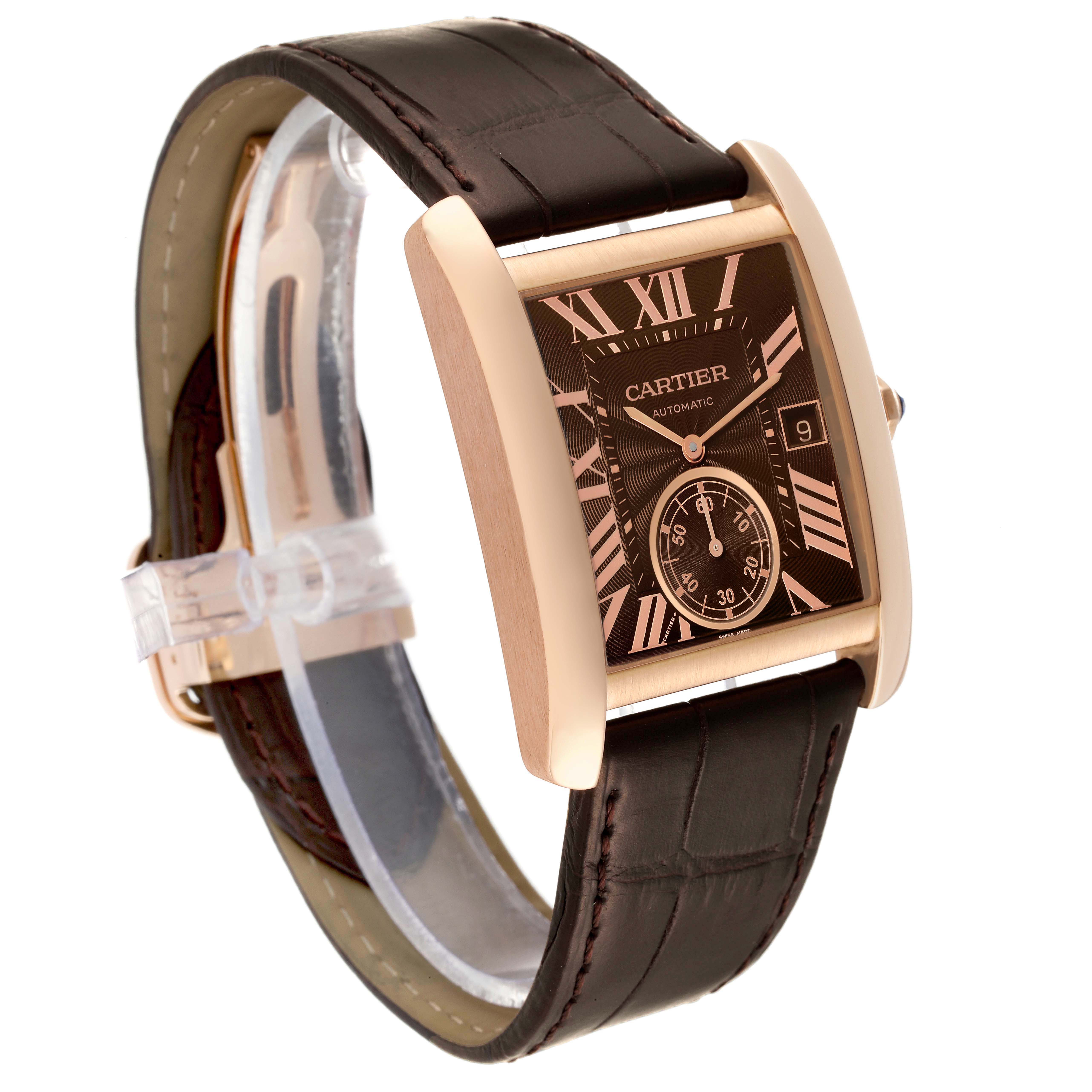 The image shows a side and slight front angle of the Cartier Tank MC W5330002 Men
s Rose Gold Brown Dial W5330002 Men
s Rose Gold Brown Dial watch, highlighting its face, band, and crown.