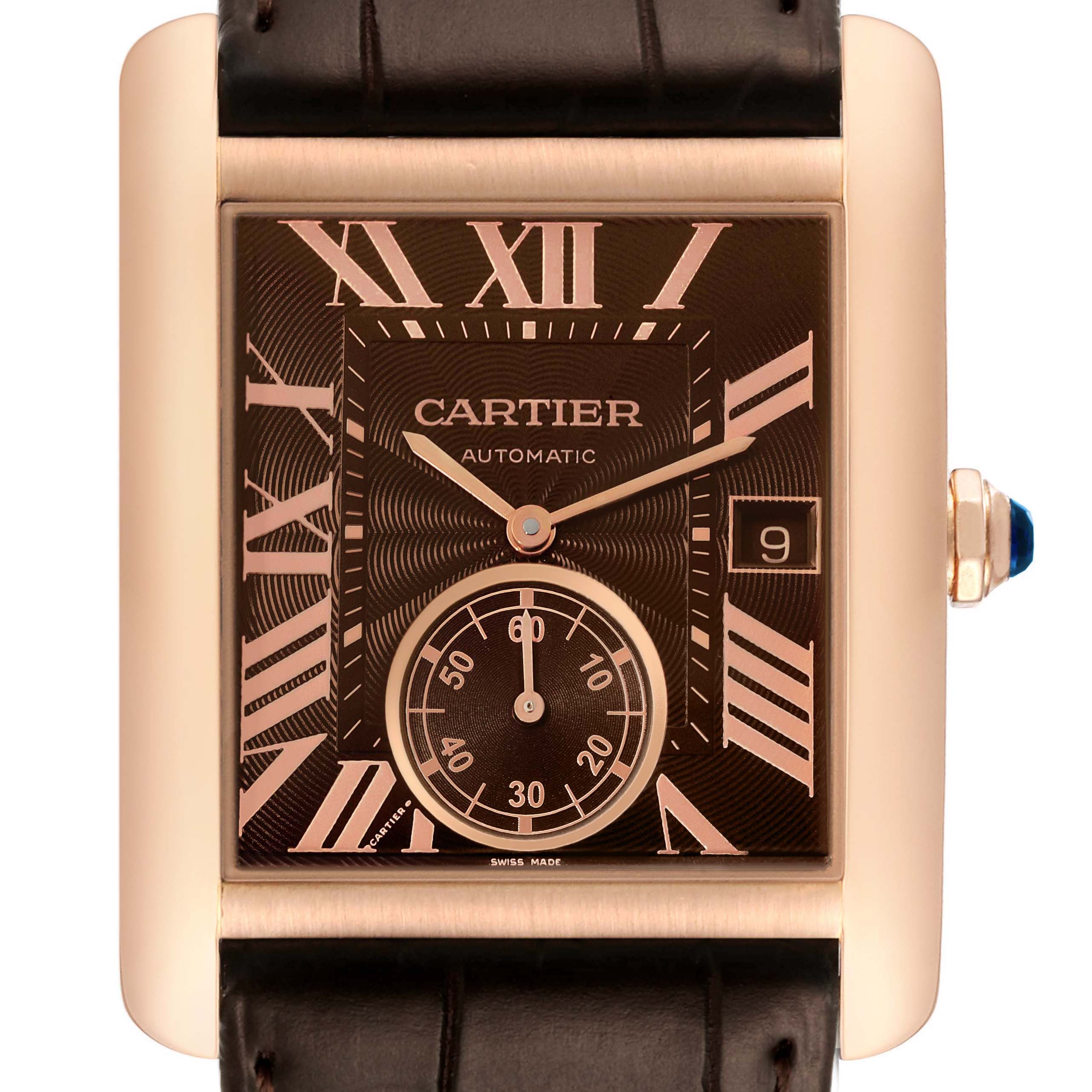 The image shows a close-up front view of the Cartier Tank MC W5330002 Men
s Rose Gold Brown Dial W5330002 Men
s Rose Gold Brown Dial watch face.