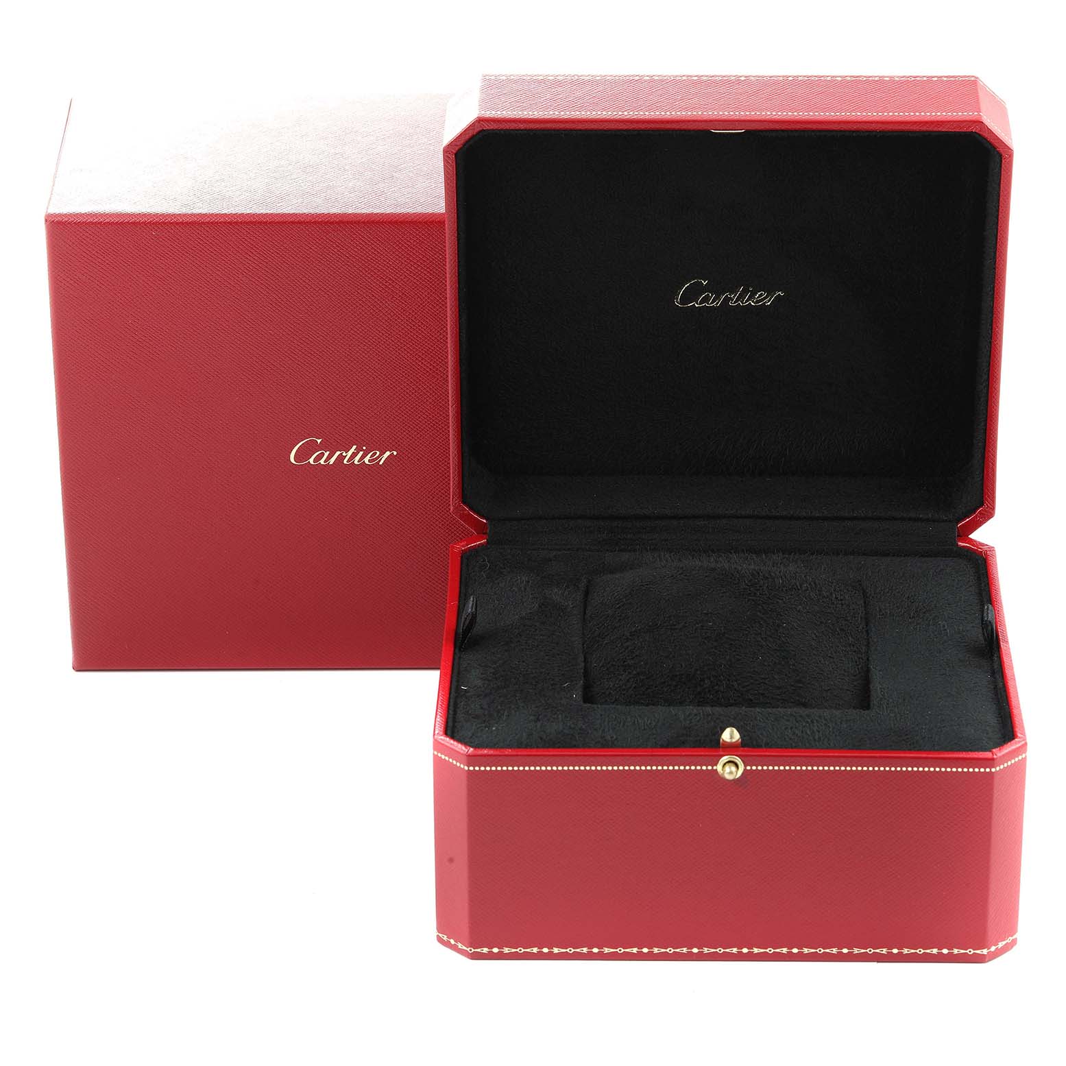 This image shows the open red box for a Cartier Tank MC W5330002 Men
s Rose Gold Brown Dial W5330002 Men
s Rose Gold Brown Dial model watch, with the brand
s name visible inside the lid.