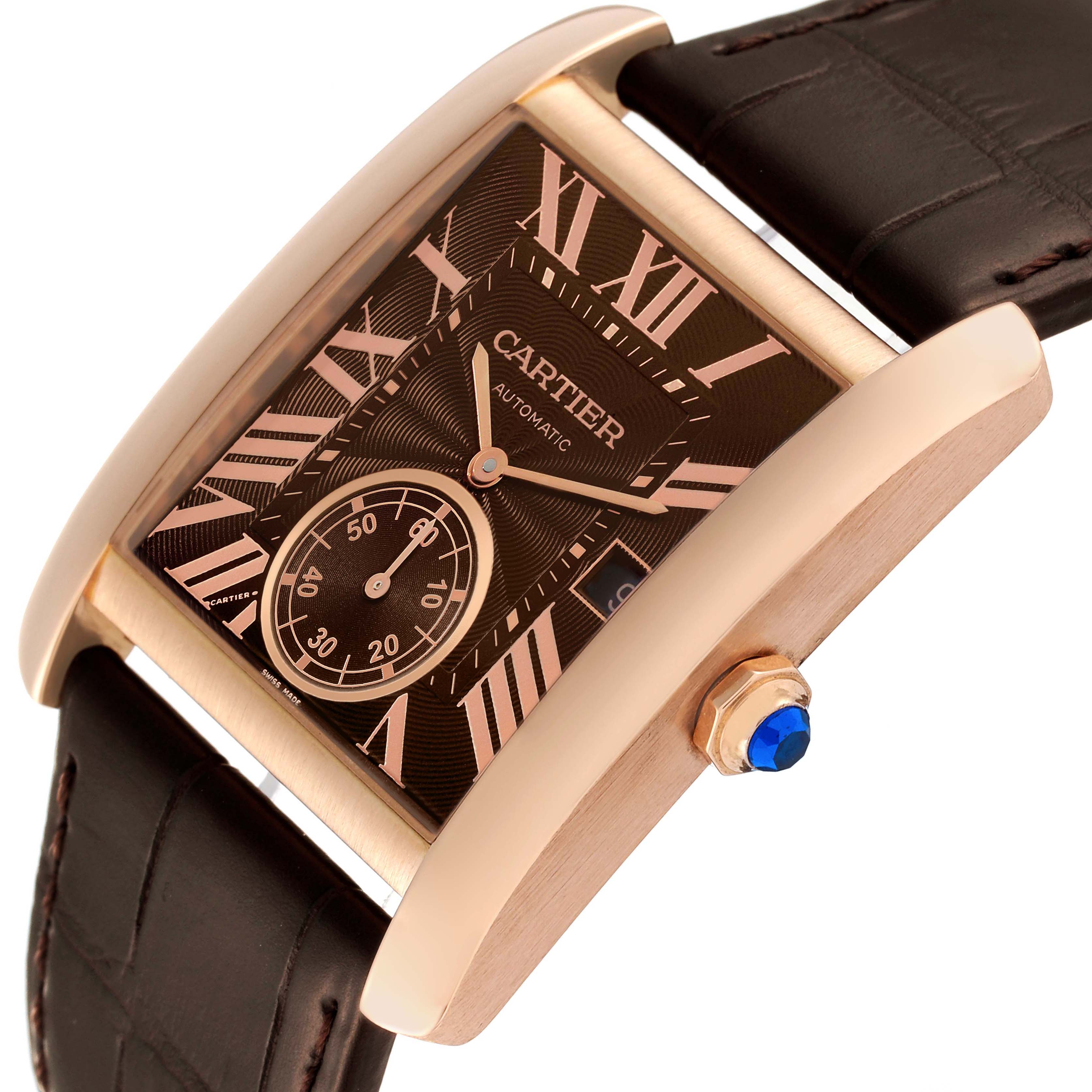 The image shows a Cartier Tank MC W5330002 Men
s Rose Gold Brown Dial W5330002 Men
s Rose Gold Brown Dial model watch at an angled close-up, highlighting the face, crown, and leather strap.