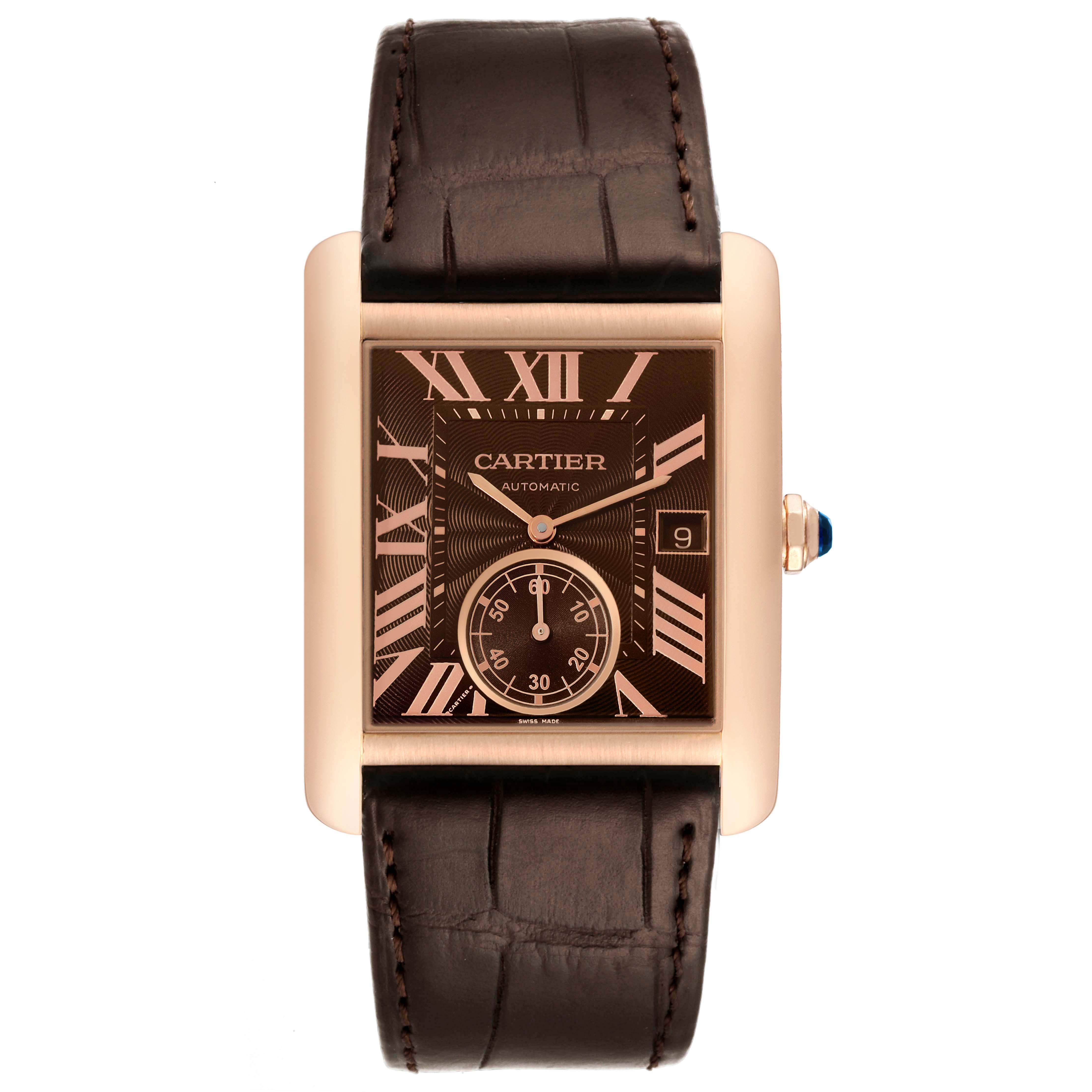 The image shows a front view of the Cartier Tank MC W5330002 Men
s Rose Gold Brown Dial W5330002 Men
s Rose Gold Brown Dial watch, displaying its face, strap, and crown.