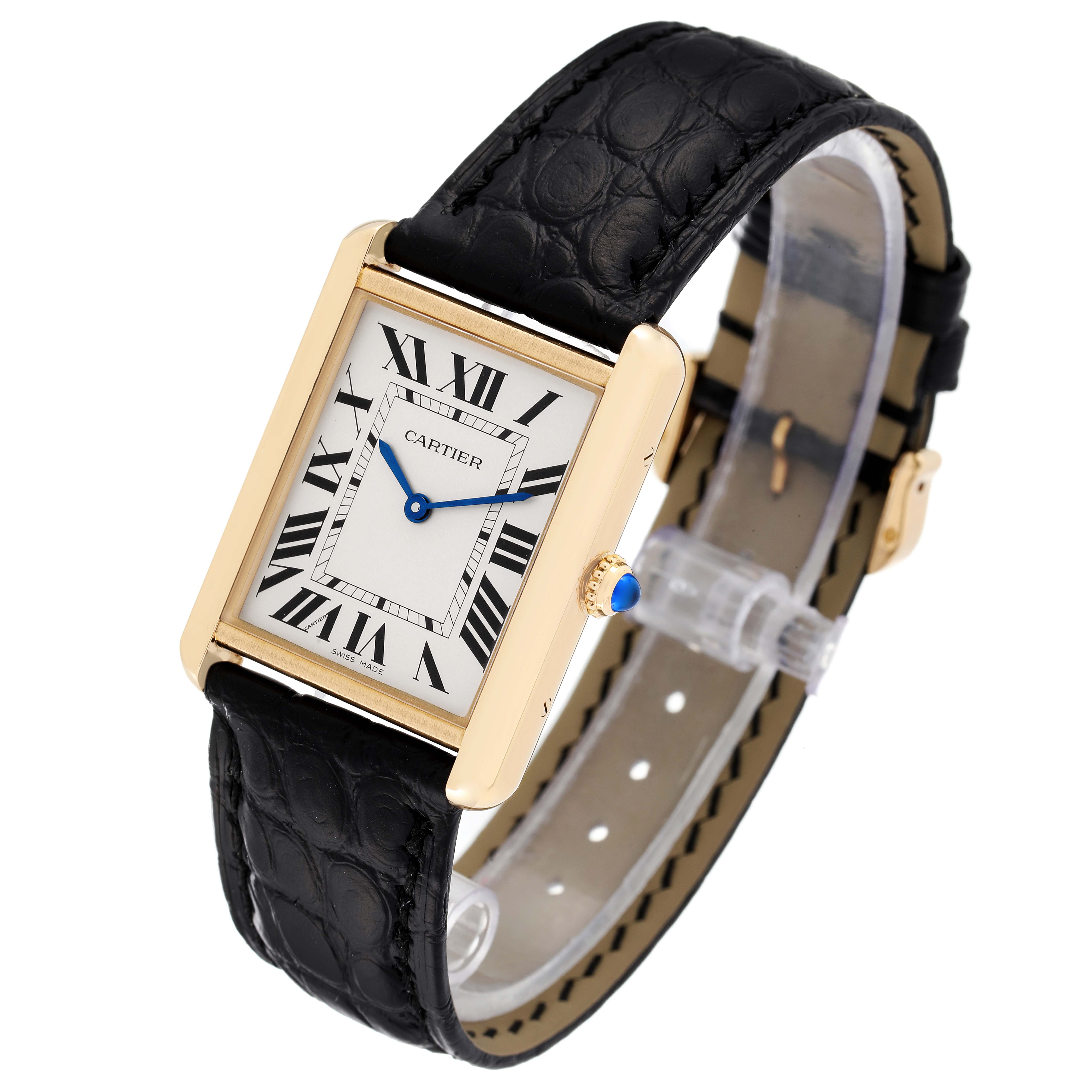 The image shows a Cartier Tank Solo W5200004 Men
s Yellow Gold Silver Dial W5200004 Men
s Yellow Gold Silver Dial watch at a slight side angle highlighting its face, black leather strap, and crown.