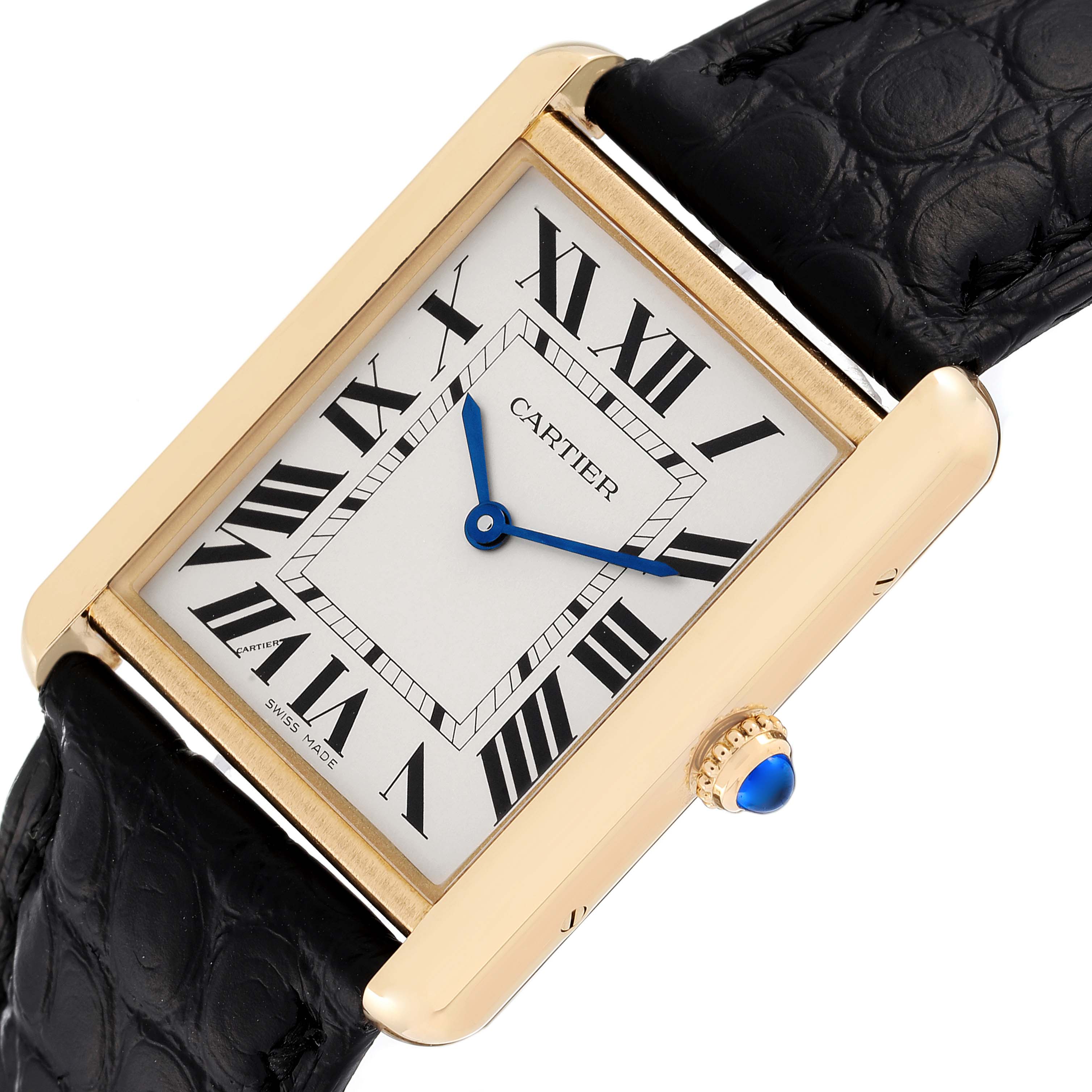 The image shows a Cartier Tank Solo W5200004 Men
s Yellow Gold Silver Dial W5200004 Men
s Yellow Gold Silver Dial watch angled slightly to highlight the face, crown, and leather strap.