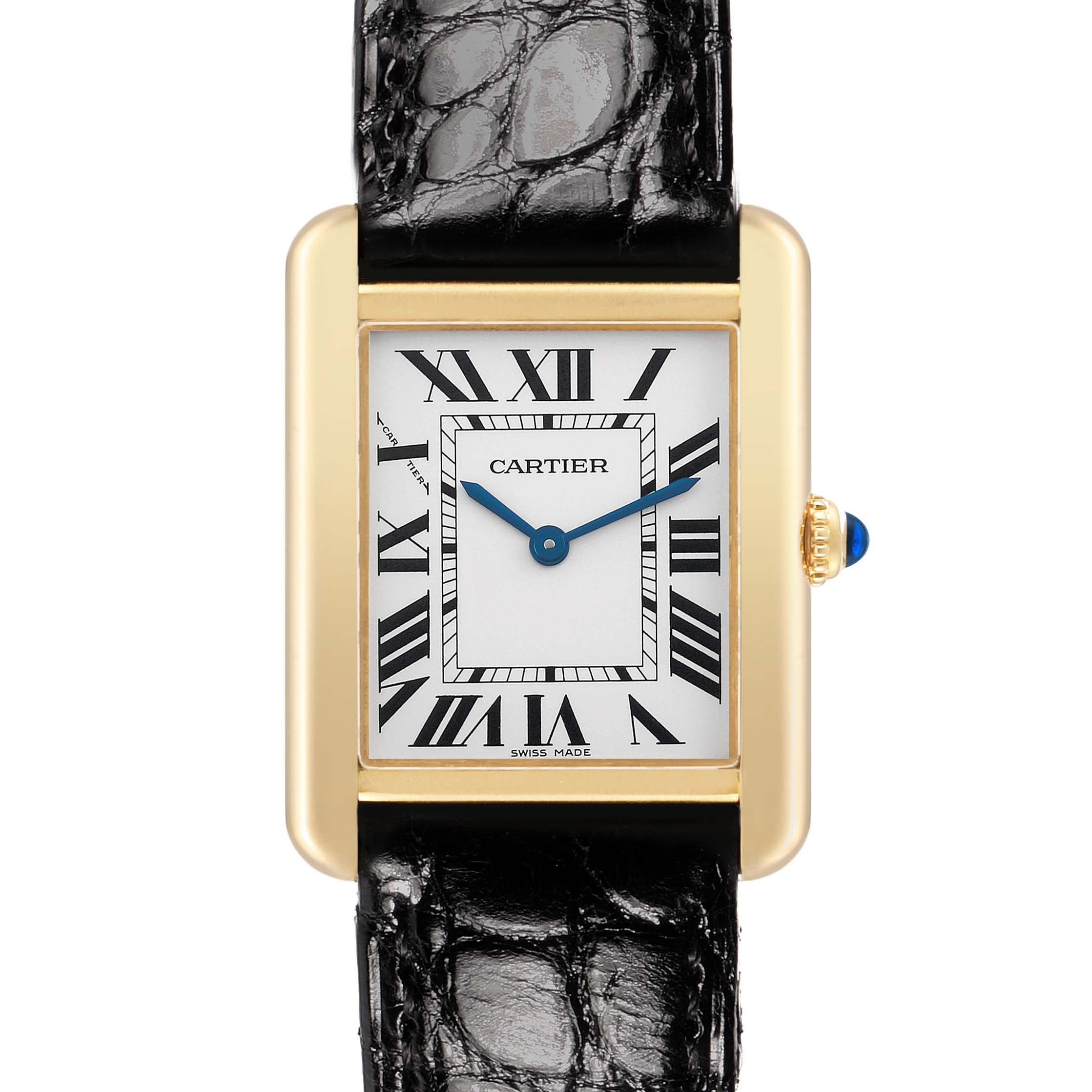 The Cartier Tank Solo W5200002 Women's Yellow Gold White Dial watch is shown from the front, highlighting the rectangular face and Roman numerals, with a leather strap.