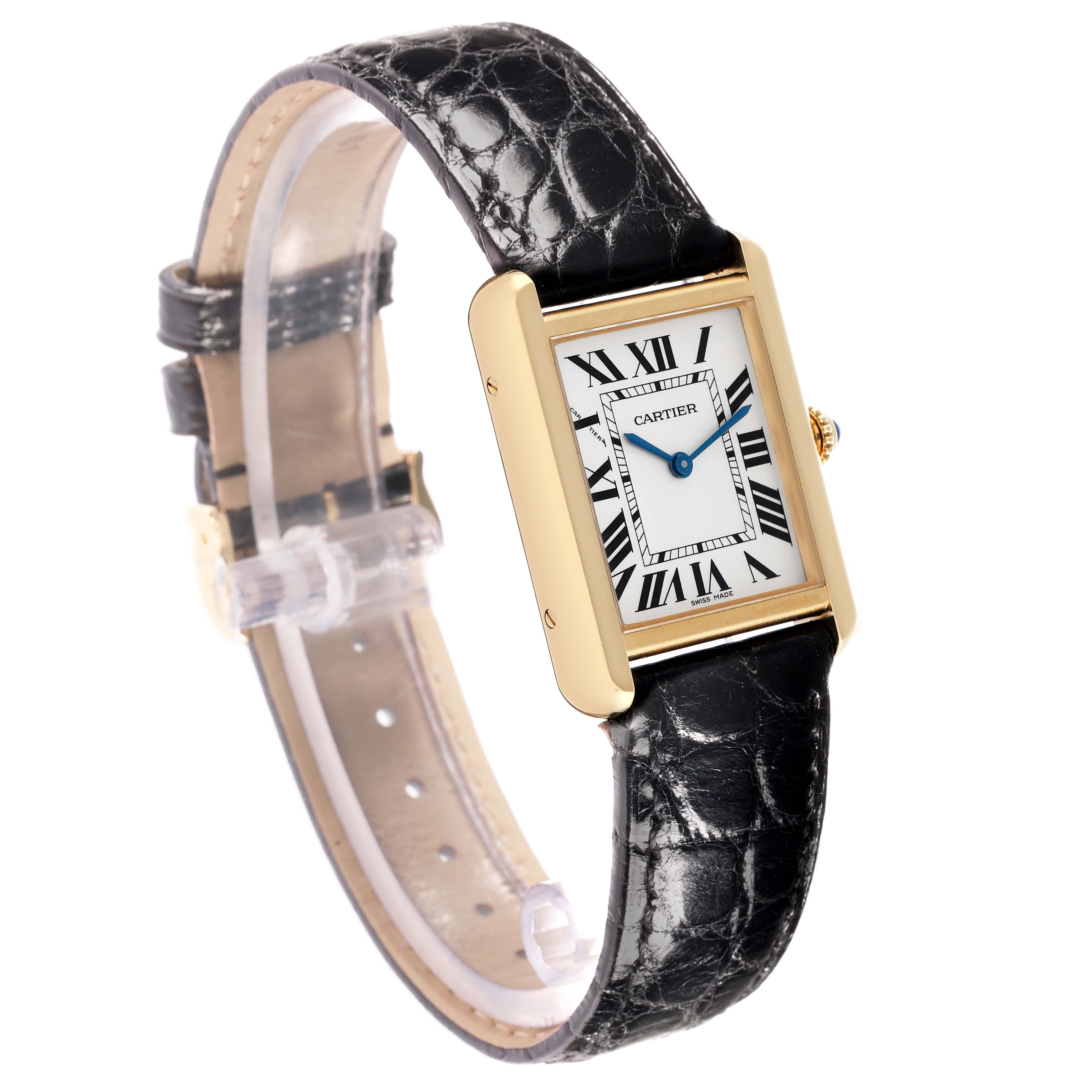 The Cartier Tank Solo W5200002 Women's Yellow Gold White Dial watch is angled to show the dial, case, crown, and strap in a side perspective.