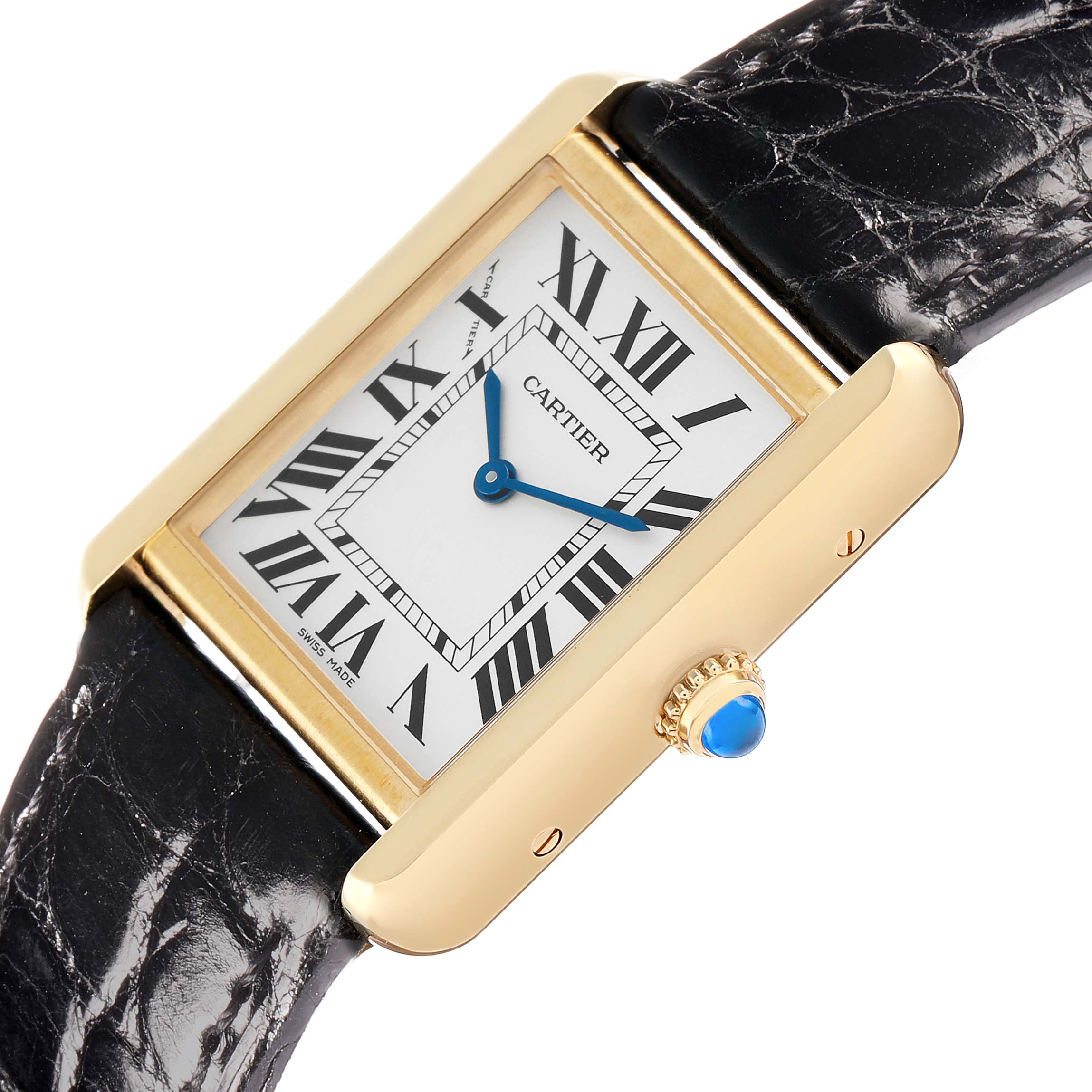 The Cartier Tank Solo W5200002 Women's Yellow Gold White Dial watch is shown from an angled view, highlighting the dial, crown, and part of the strap.