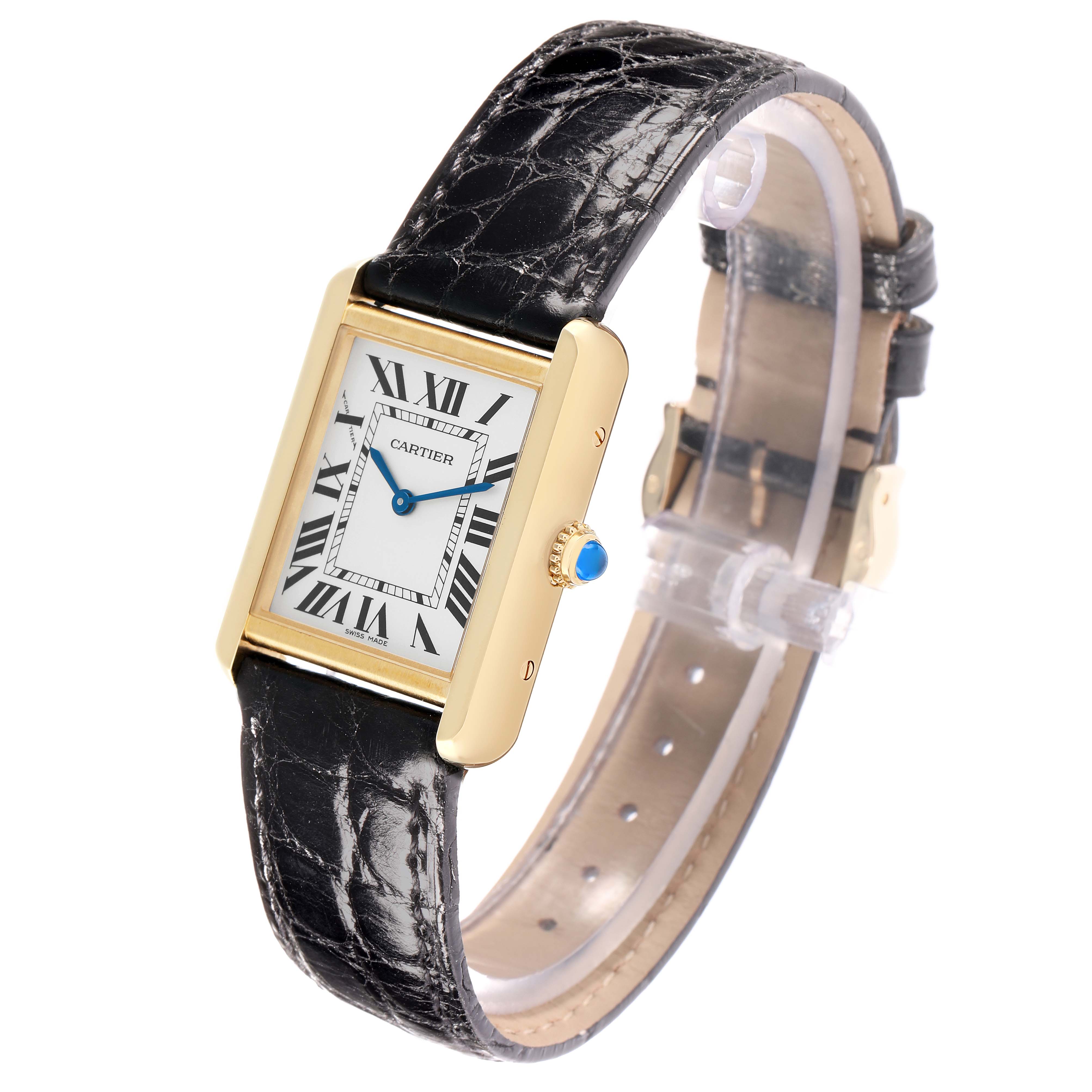 The Cartier Tank Solo W5200002 Women's Yellow Gold White Dial watch is shown from a front and side angle, highlighting the face, strap, and crown.