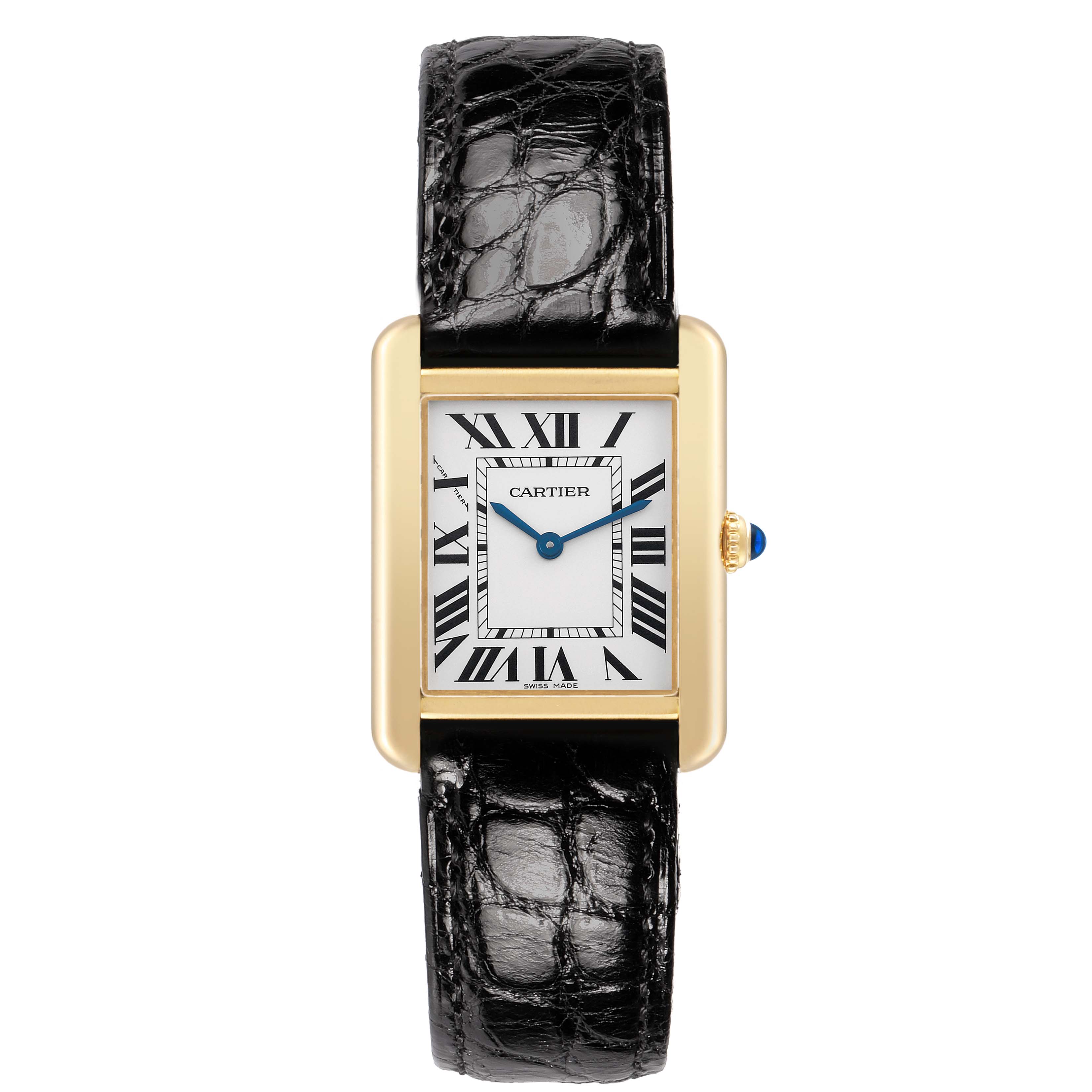 The Cartier Tank Solo W5200002 Women's Yellow Gold White Dial watch is shown from a front angle, displaying the face, bezel, crown, and black leather strap.