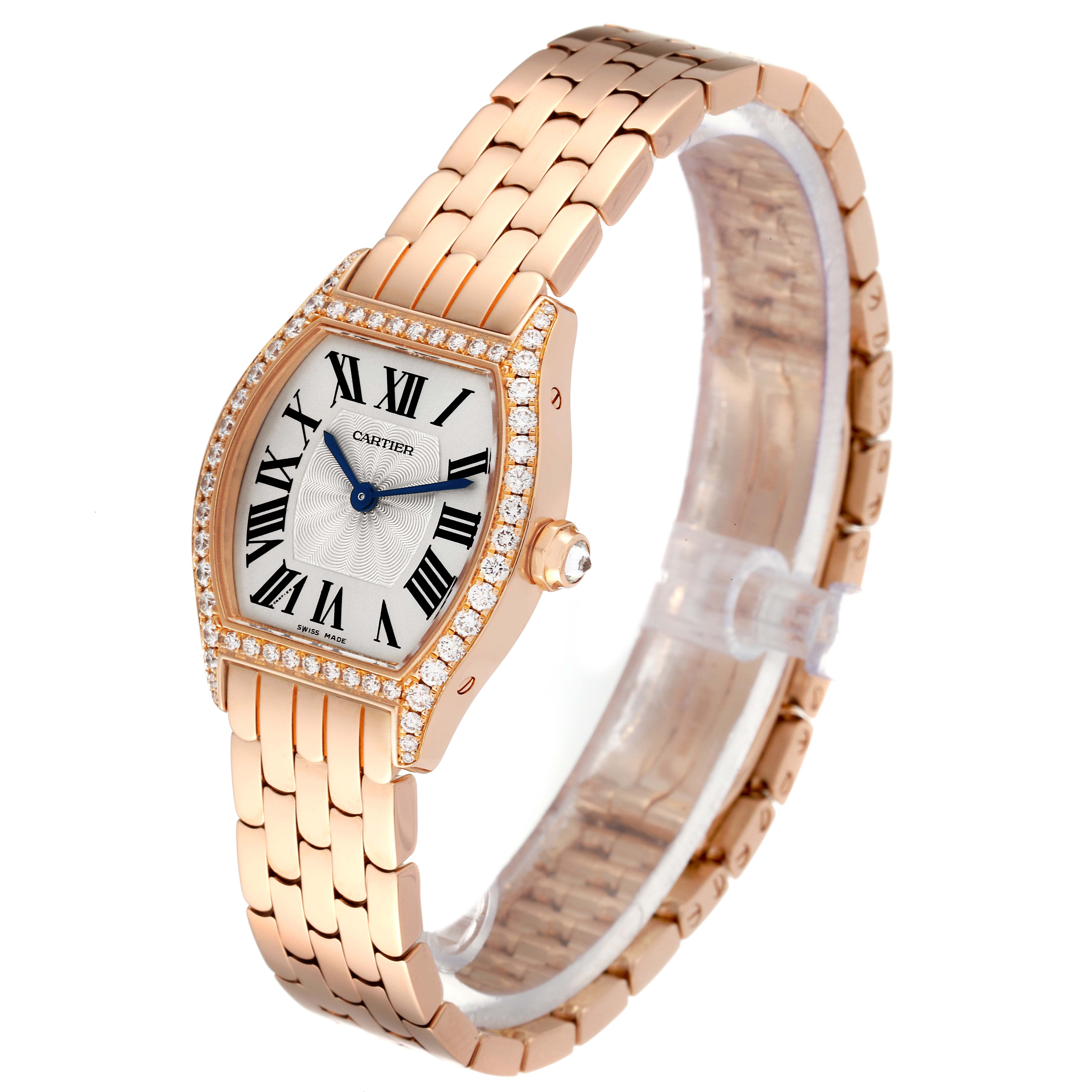 This image shows a Cartier Tortue WA501010 Women
s Rose Gold Silver Dial WA501010 Women
s Rose Gold Silver Dial watch at a slight angle, highlighting the face, bezel, and bracelet.