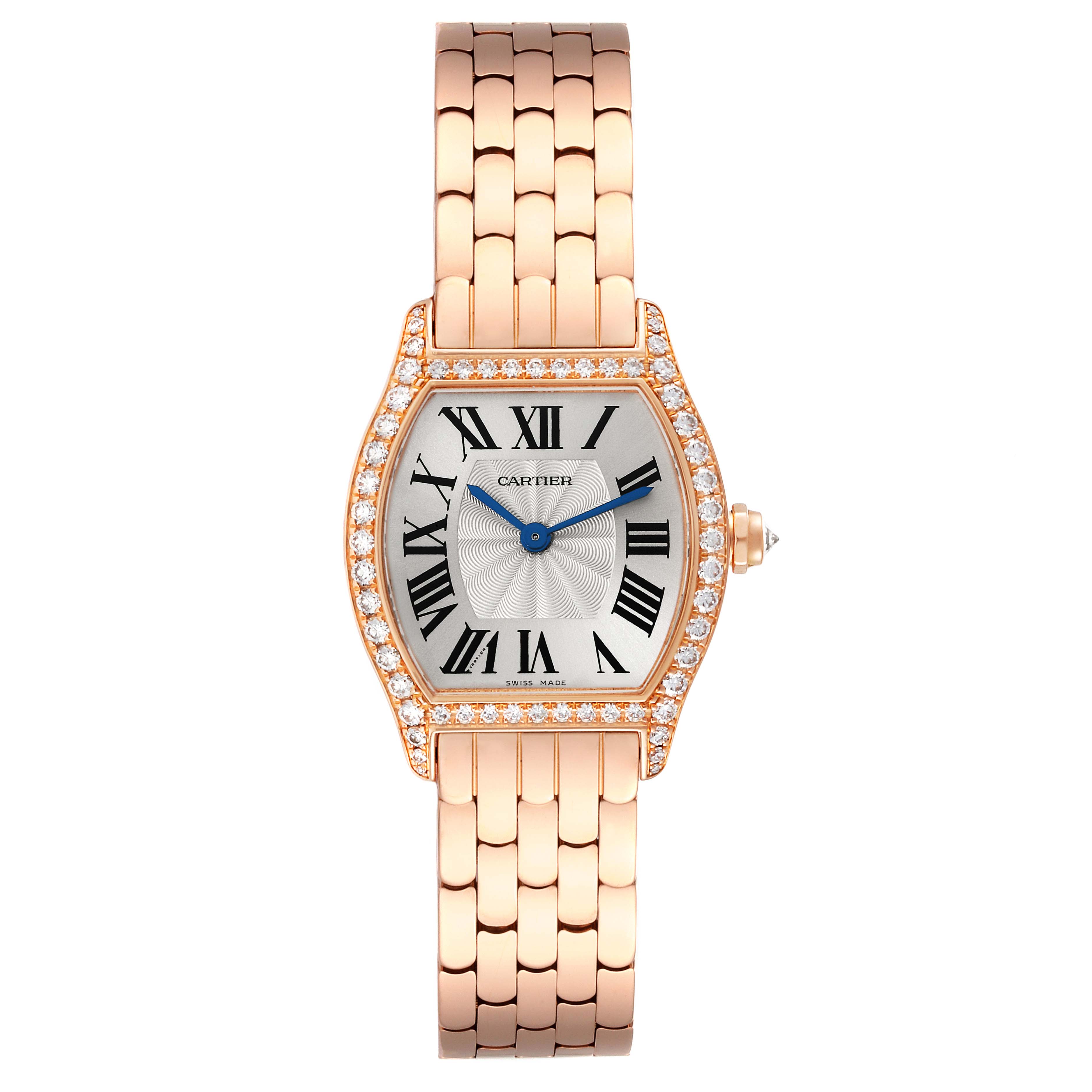 The image shows a Cartier Tortue WA501010 Women
s Rose Gold Silver Dial WA501010 Women
s Rose Gold Silver Dial watch taken from a top-down angle, displaying the dial, bezel, and bracelet fully.