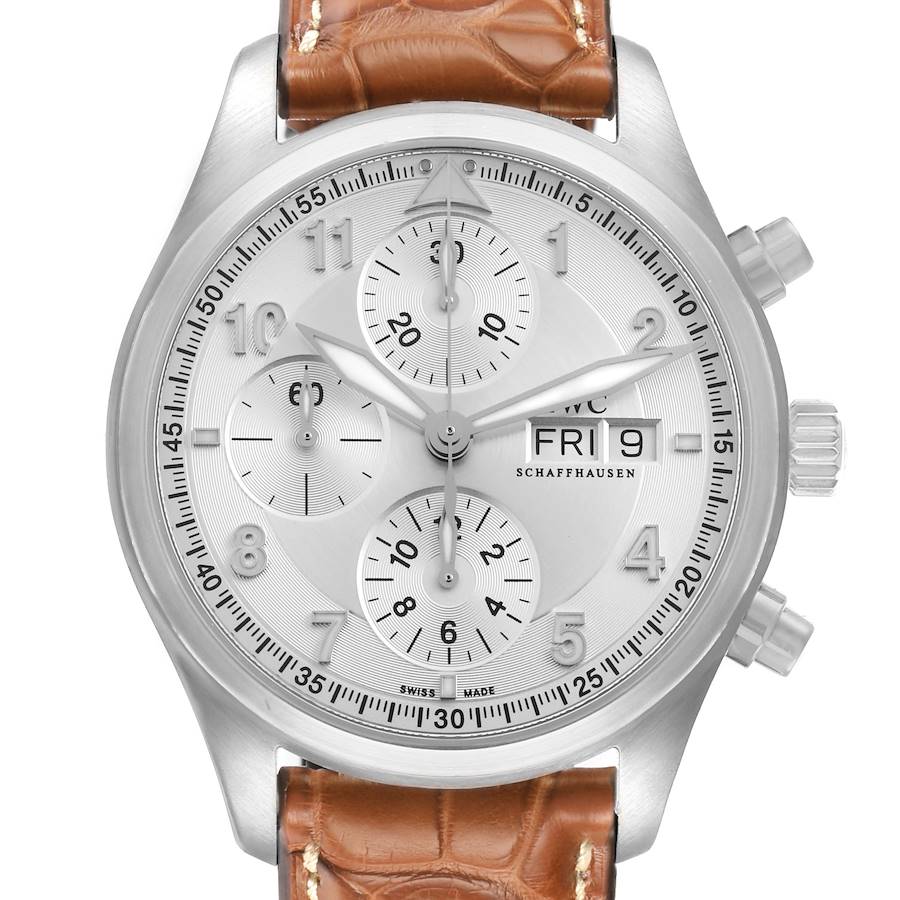 The IWC Pilot IW370623 Men's Stainless Steel Silver Dial watch is shown from the front, displaying the dial, chronograph subdials, date, day, and leather strap.