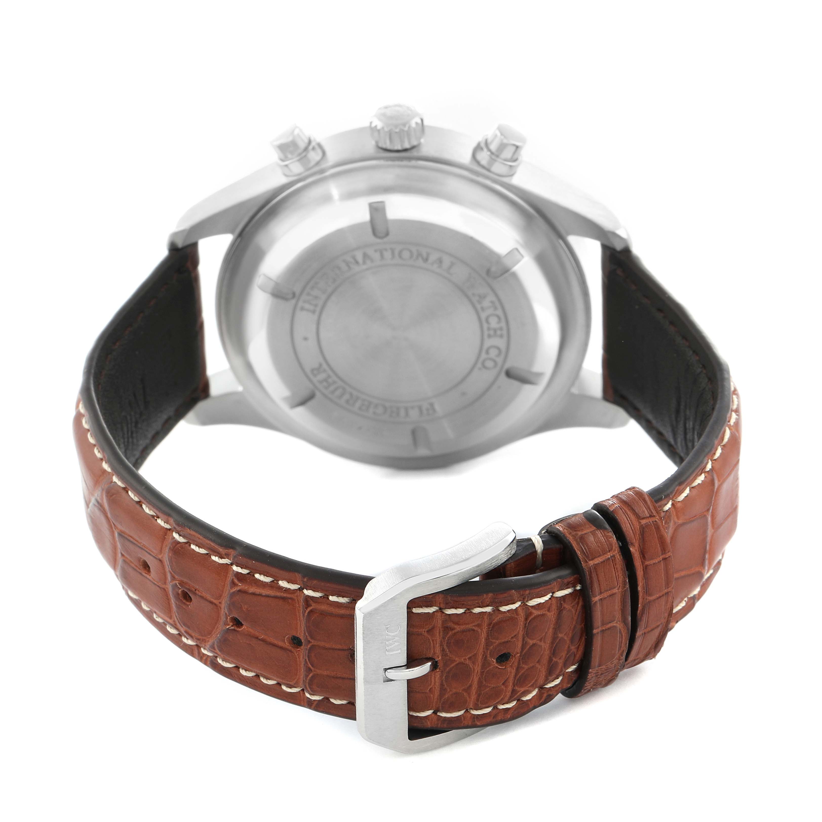 The image shows the back of an IWC Pilot IW370623 Men
s Stainless Steel Silver Dial watch, highlighting the case back, leather strap, and metal clasp from a rear angle.