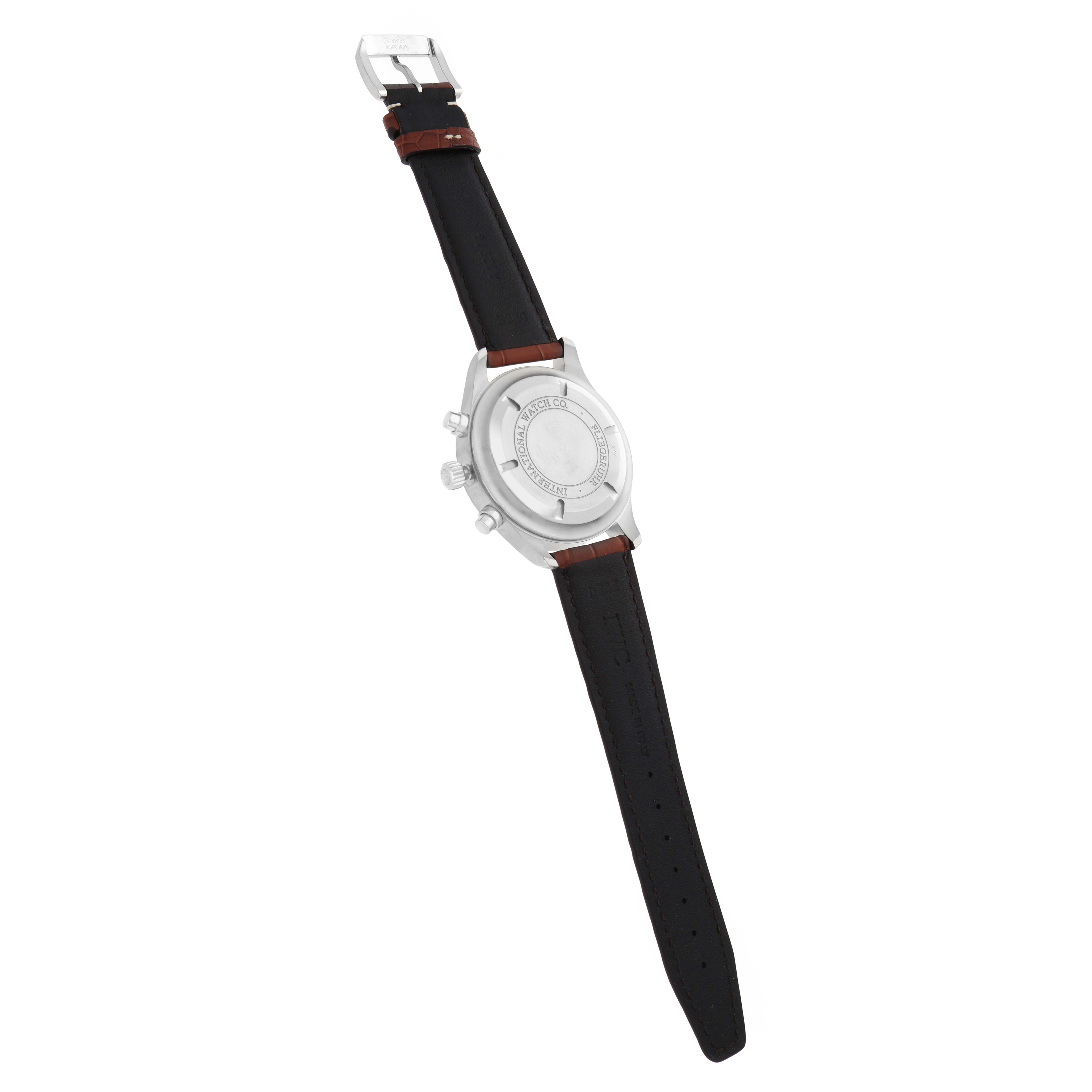 The image shows the back and strap of an IWC Pilot IW370623 Men
s Stainless Steel Silver Dial model watch at an oblique angle.