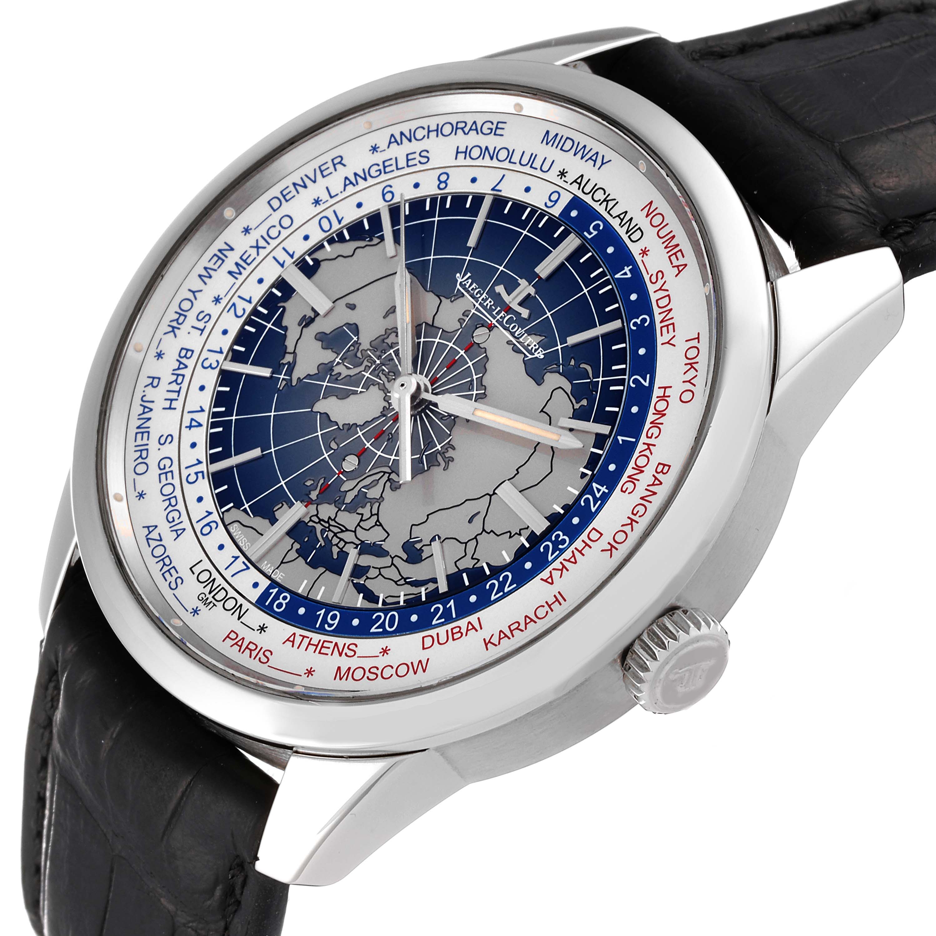 This image shows a close-up, angled view of the Jaeger LeCoultre Geophysic Q8108420 Men's Stainless Steel Blue Dial Q8108420 Men's Stainless Steel Blue Dial watch, displaying the face, crown, and strap.