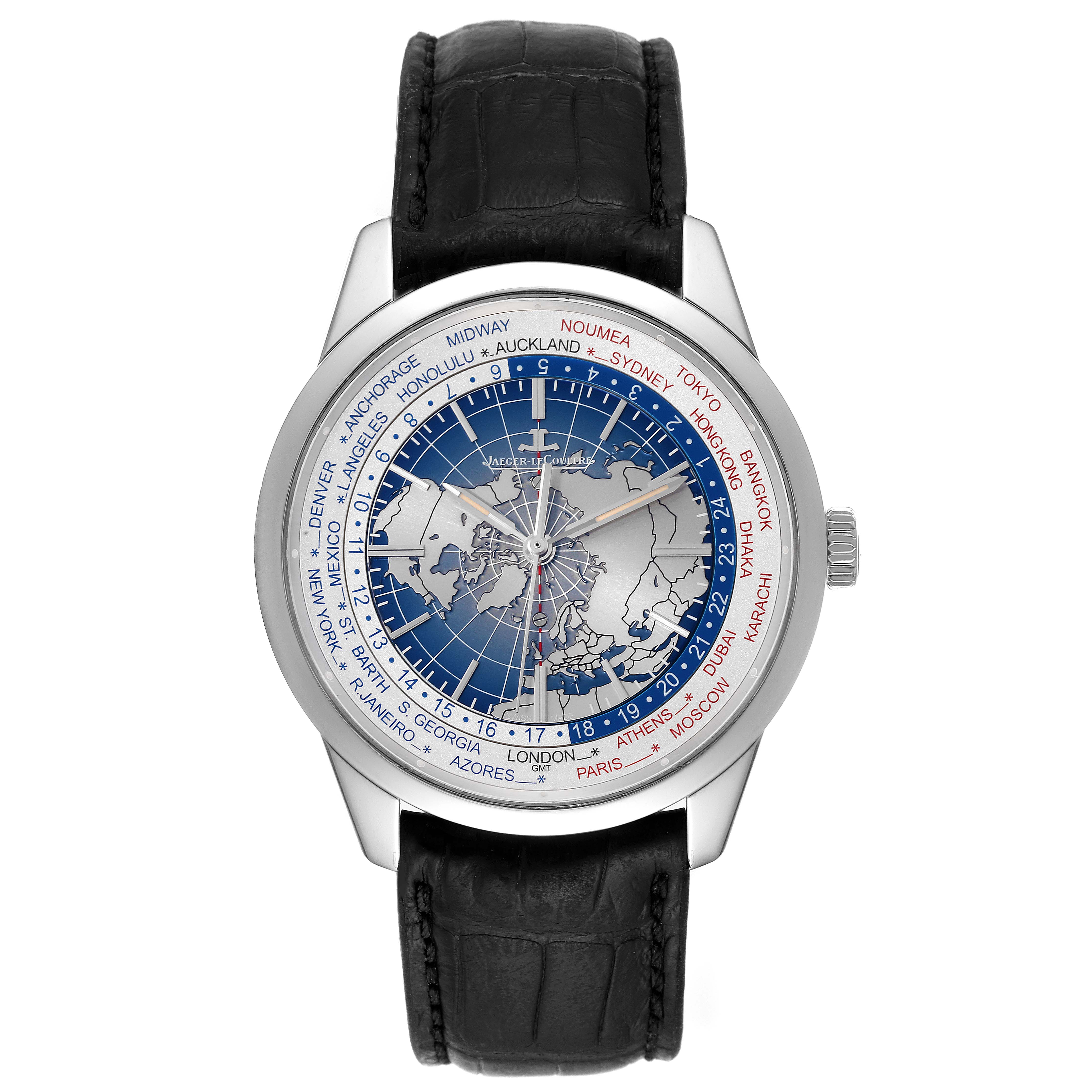 This image shows a front view of the Jaeger LeCoultre Geophysic Q8108420 Men's Stainless Steel Blue Dial Q8108420 Men's Stainless Steel Blue Dial watch, highlighting its face, bezel, and leather strap.