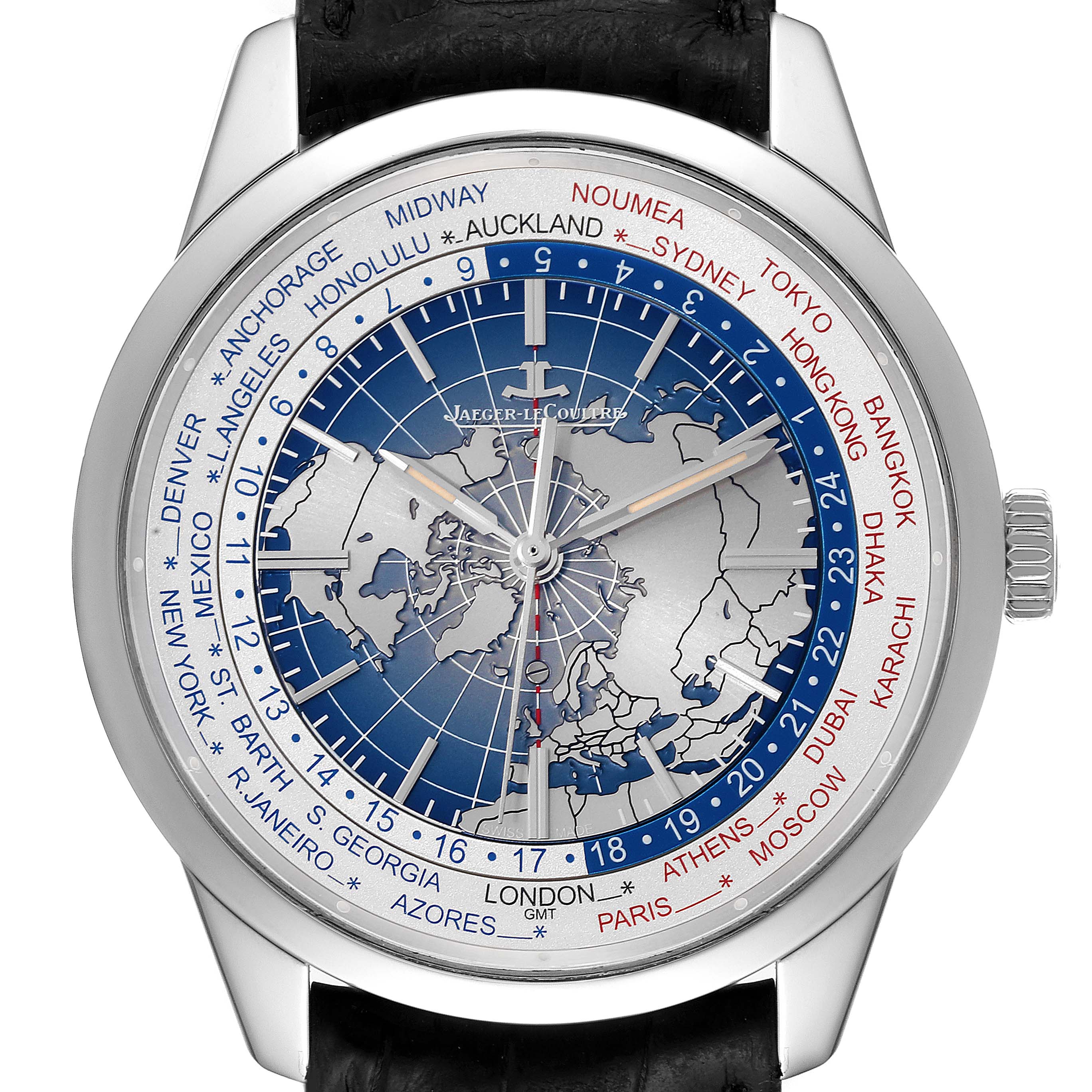 The image shows a top-down view of the Jaeger LeCoultre Geophysic Q8108420 Men's Stainless Steel Blue Dial Q8108420 Men's Stainless Steel Blue Dial watch, highlighting its dial with world time zones.