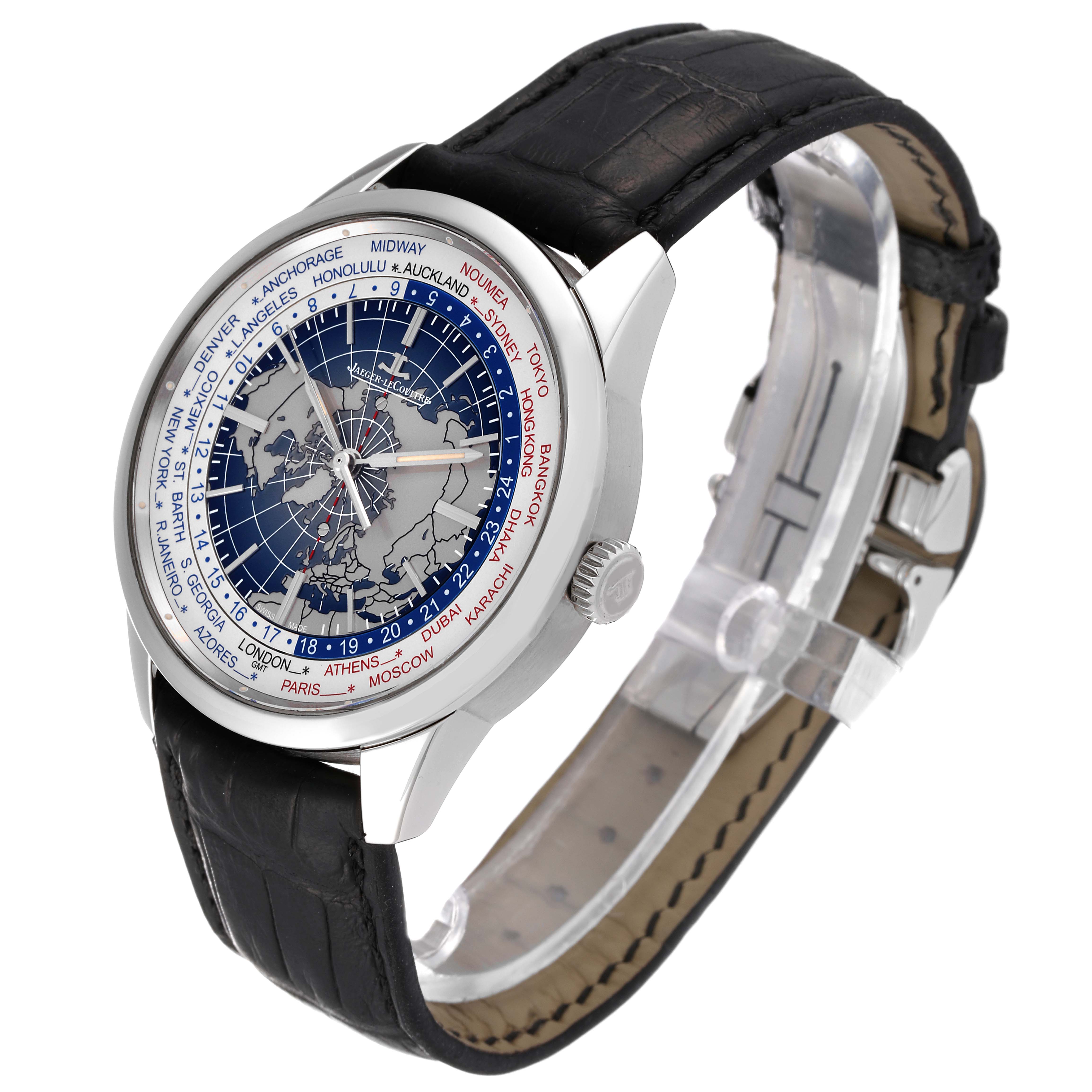 The image shows a Jaeger LeCoultre Geophysic Q8108420 Men's Stainless Steel Blue Dial Q8108420 Men's Stainless Steel Blue Dial watch at a three-quarter angle, showcasing its face and black leather strap.