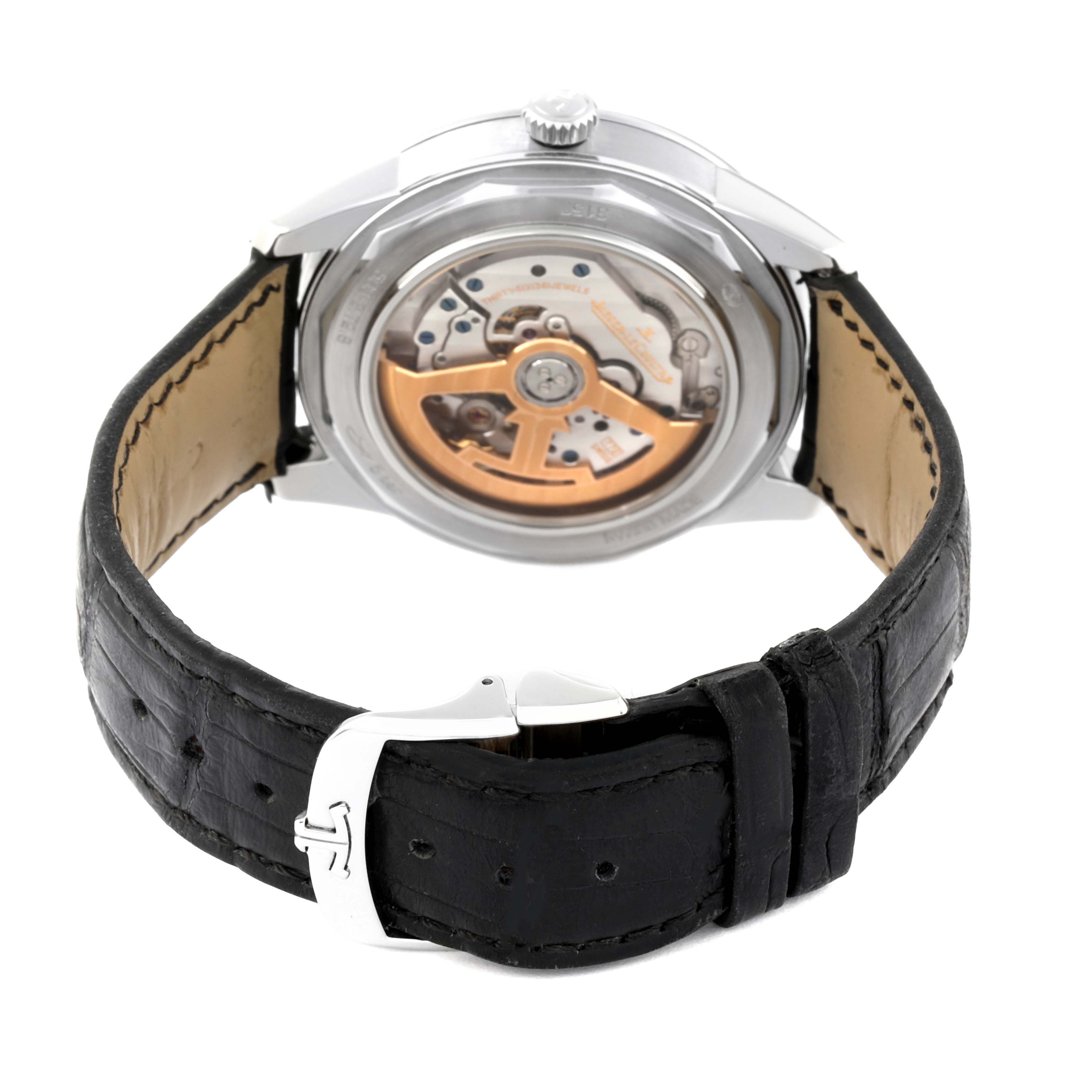 This image shows the back view of the Jaeger LeCoultre Geophysic Q8108420 Men's Stainless Steel Blue Dial Q8108420 Men's Stainless Steel Blue Dial model watch, highlighting the mechanical movement and leather strap.